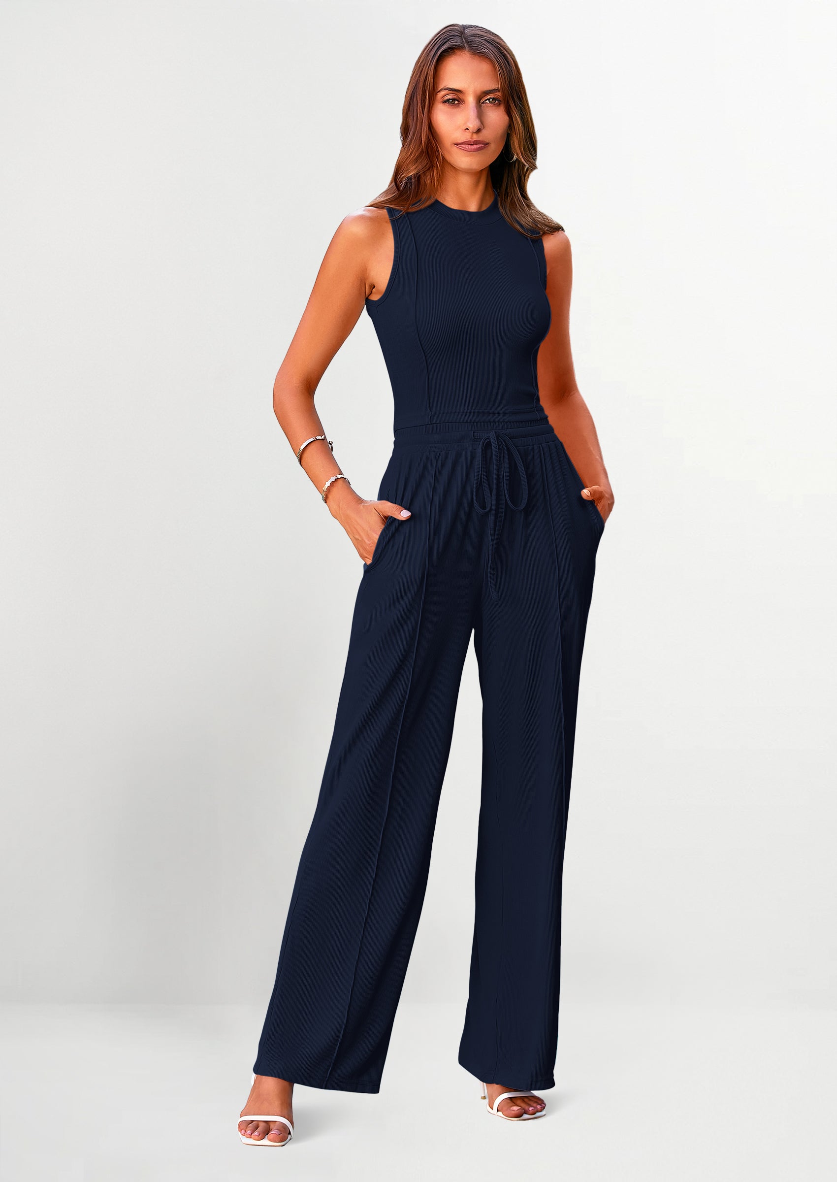 Chichi Women's Summer 2 Piece Loungewear Set Cropped Tank Top Wide Leg Sweatpants Tracksuit Casual Outfits Navy