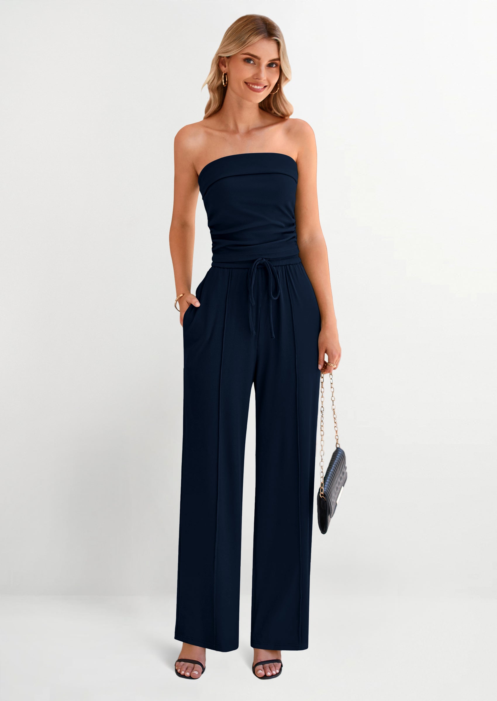 Chichi 2 Piece Sets Casual Ribbed Knit Crop Tube Top Wide Leg Pants Lounge Set