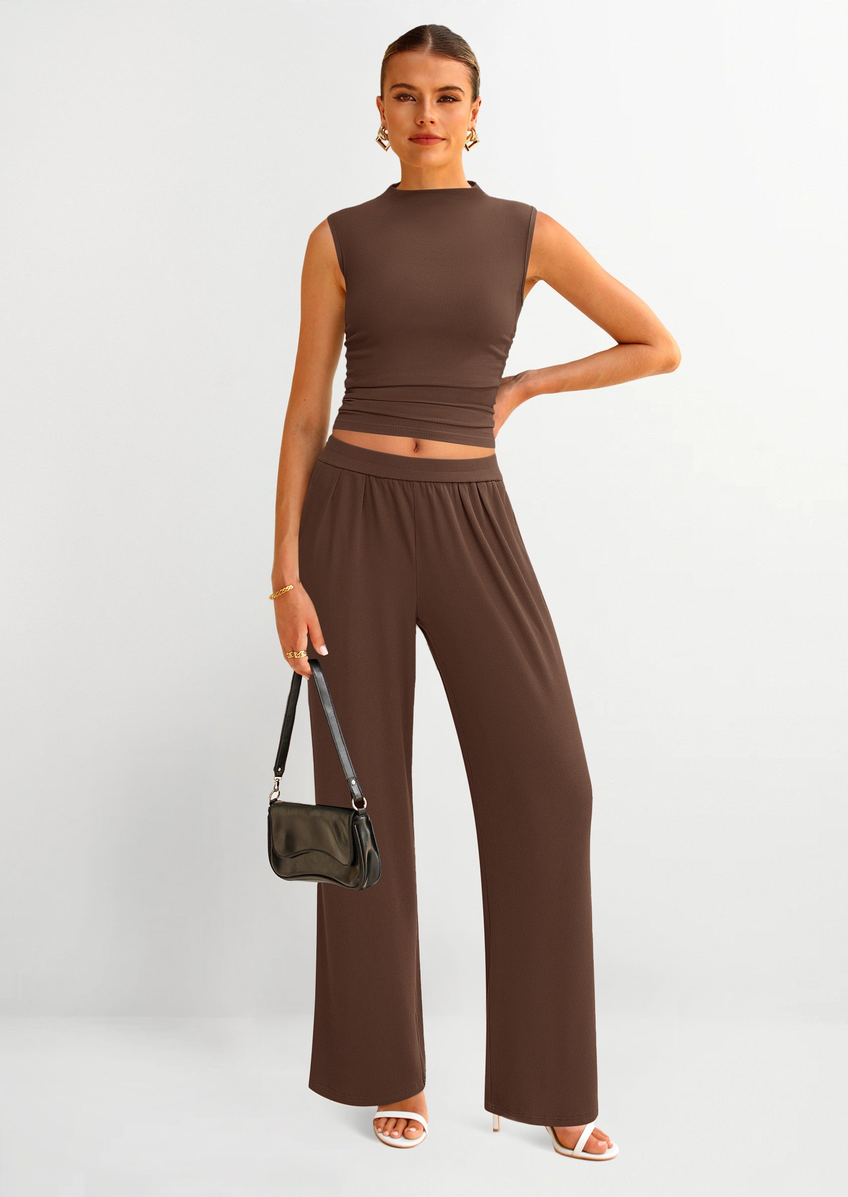 Chichi 2 Piece Sets for Women Summer Airport Travel Outfits Crop Tank Tops Wide Leg Pants Matching Lounge Sets Coffee