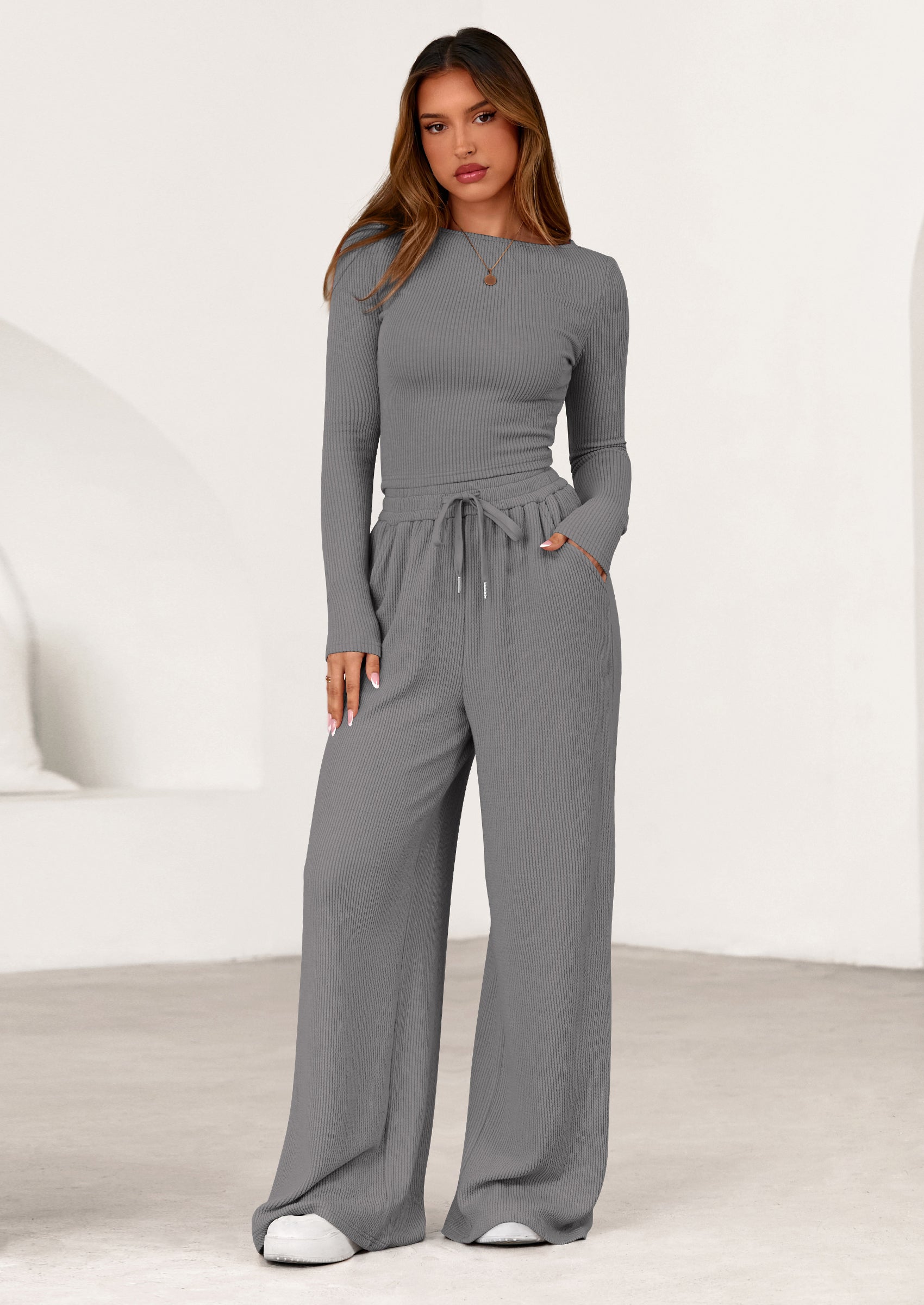 Chichi Women's 2 Piece Lounge Sets Fall Fashion Long Sleeve Crop Top Wide Leg Pants Matching Sets Clothing Grey