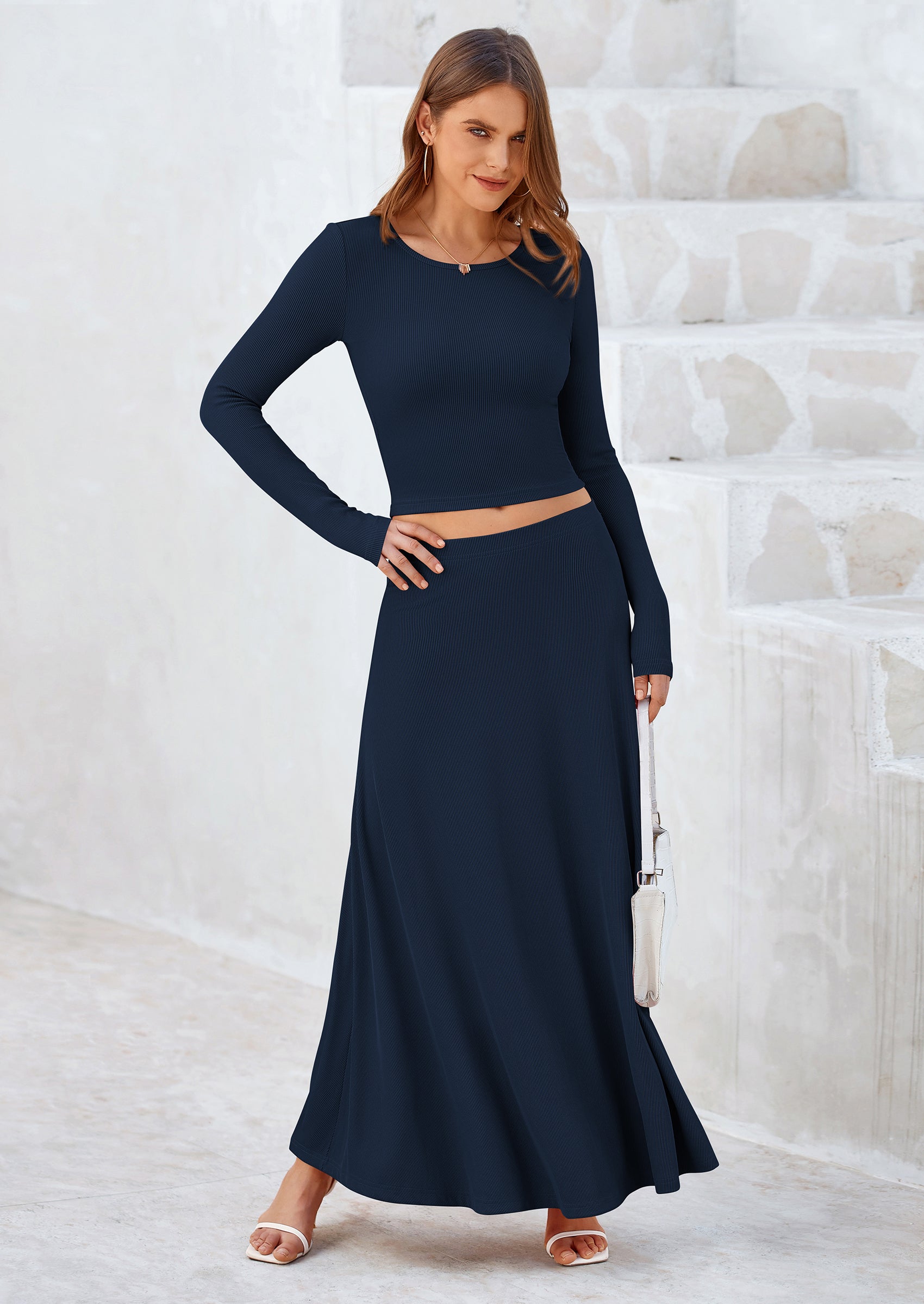 Chichi 2 Piece Casual Ribbed Knit Long Sleeve Crop Tops Maxi Flowy Skirts Matching Sets Navy