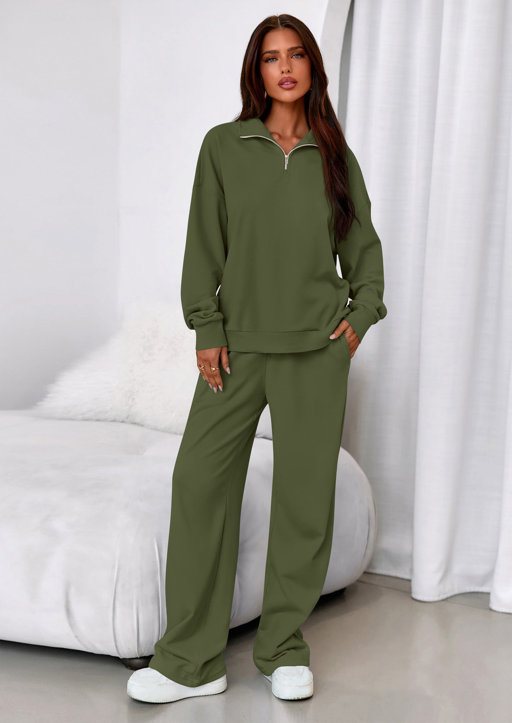 Chichi Womens Casual Two Piece Sets Fall Outfits Quarter Zip Sweatshirts Straight Leg Pants Sweatsuits Tracksuit Army Green