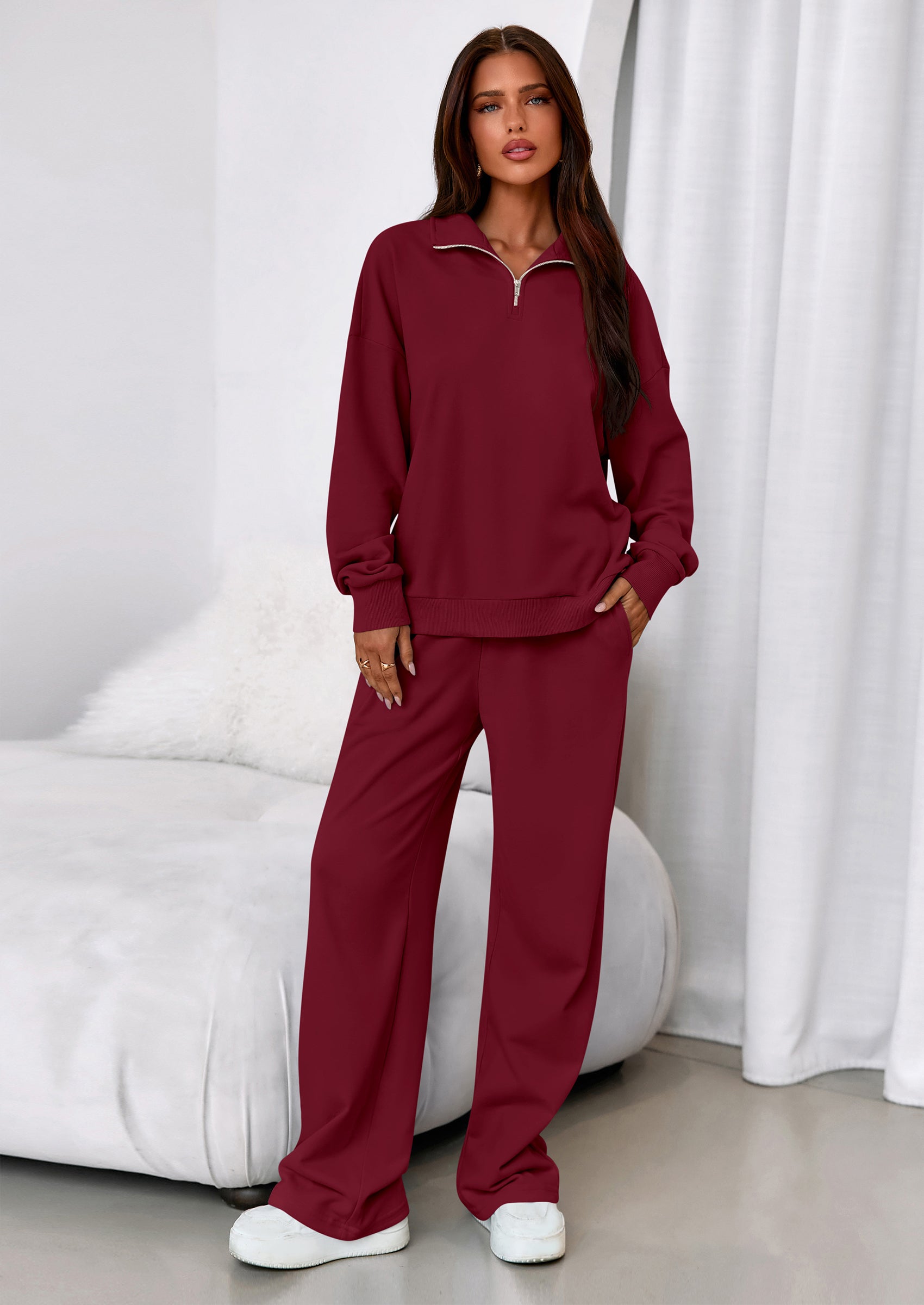 Chichi Womens Casual Two Piece Sets Fall Outfits Quarter Zip Sweatshirts Straight Leg Pants Sweatsuits Tracksuit Wine Red