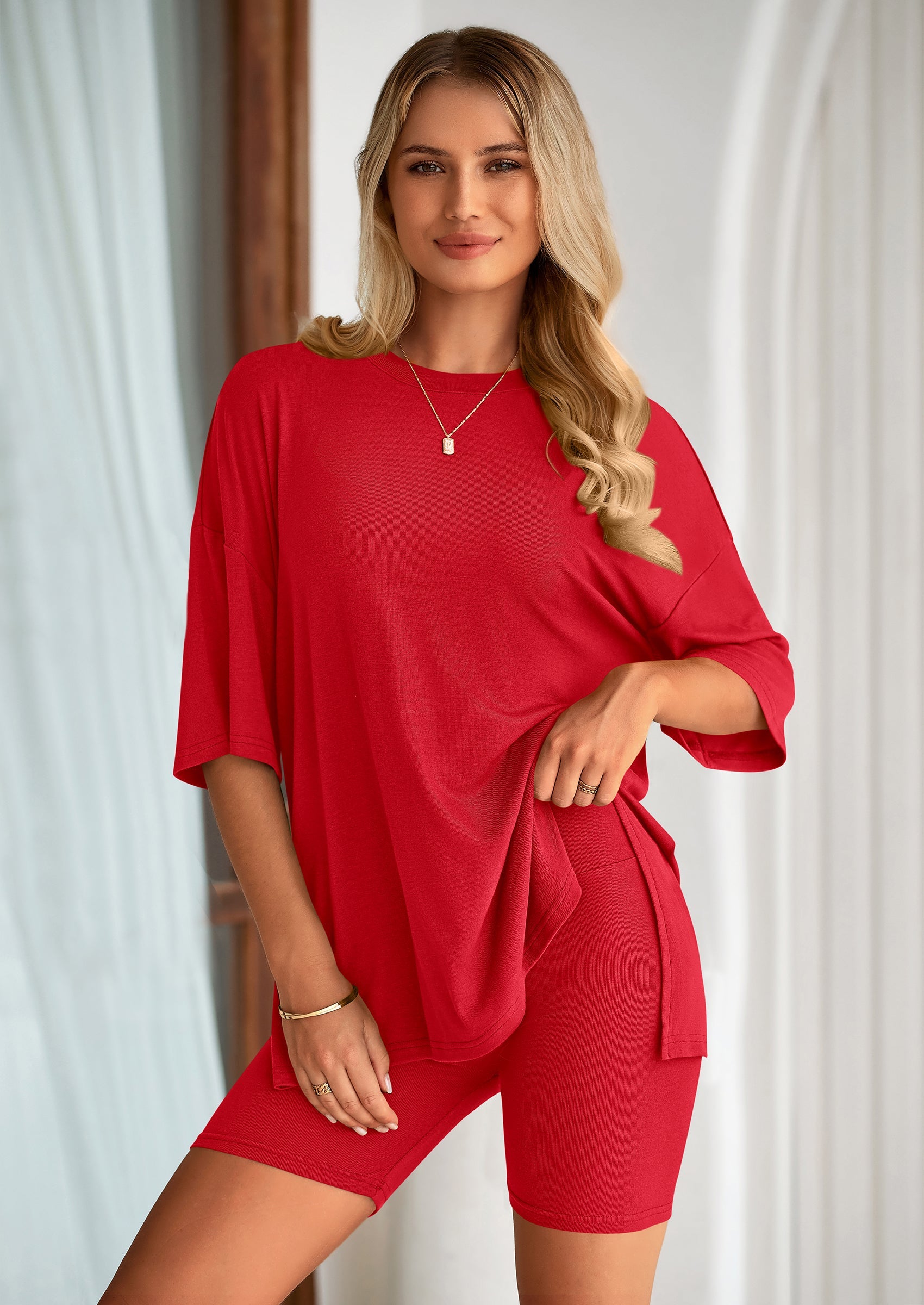 Chichi Women's Two Piece Lounge Set Summer Casual Oversized Shirts Biker Shorts Matching Airport Travel Outfit Red