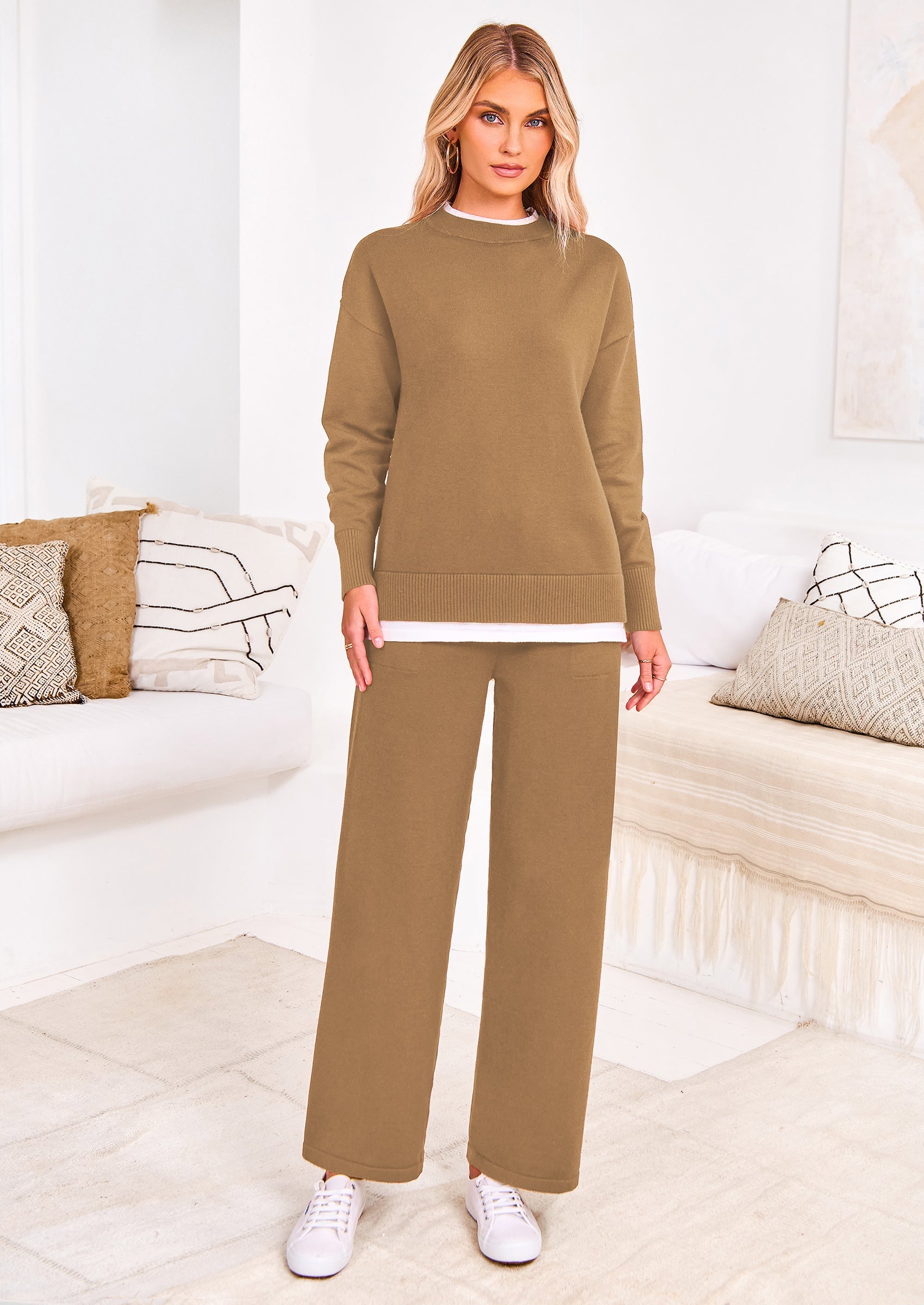 Chichi Two Piece Matching Sweater Lounge Sets Knit Long Sleeve Pullover Tops Wide Leg Pants Beige