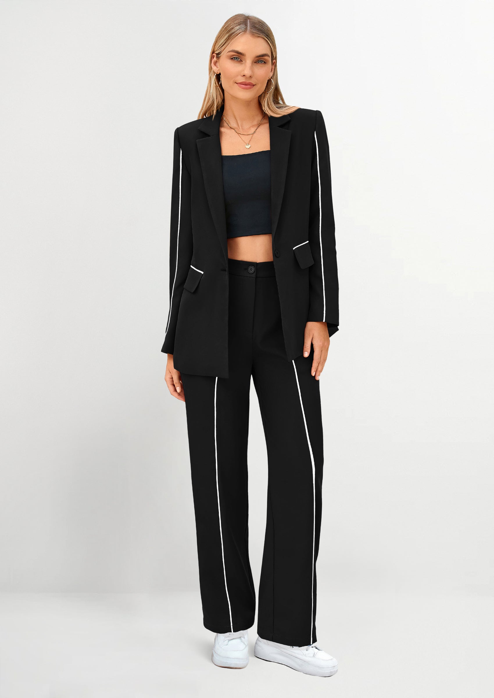 Chichi 2 Piece Blazer Outfits Business Casual Oversized Jacket Wide Leg Work Pants Dressy Suit Set Black