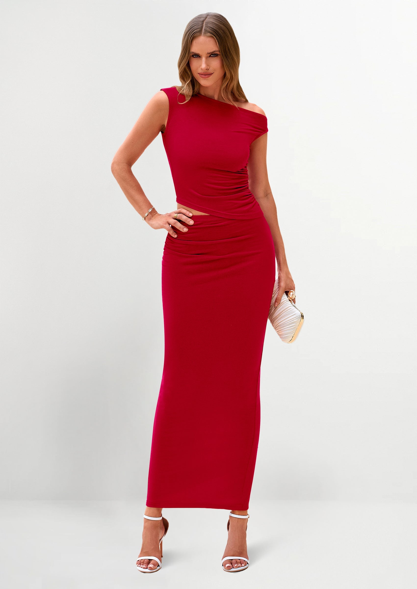 Chichi Maxi Skirt Sets Women 2 Piece Outfits Summer Spring One Shoulder Sleeveless Ruched Bodycon Long Skirts Army Green