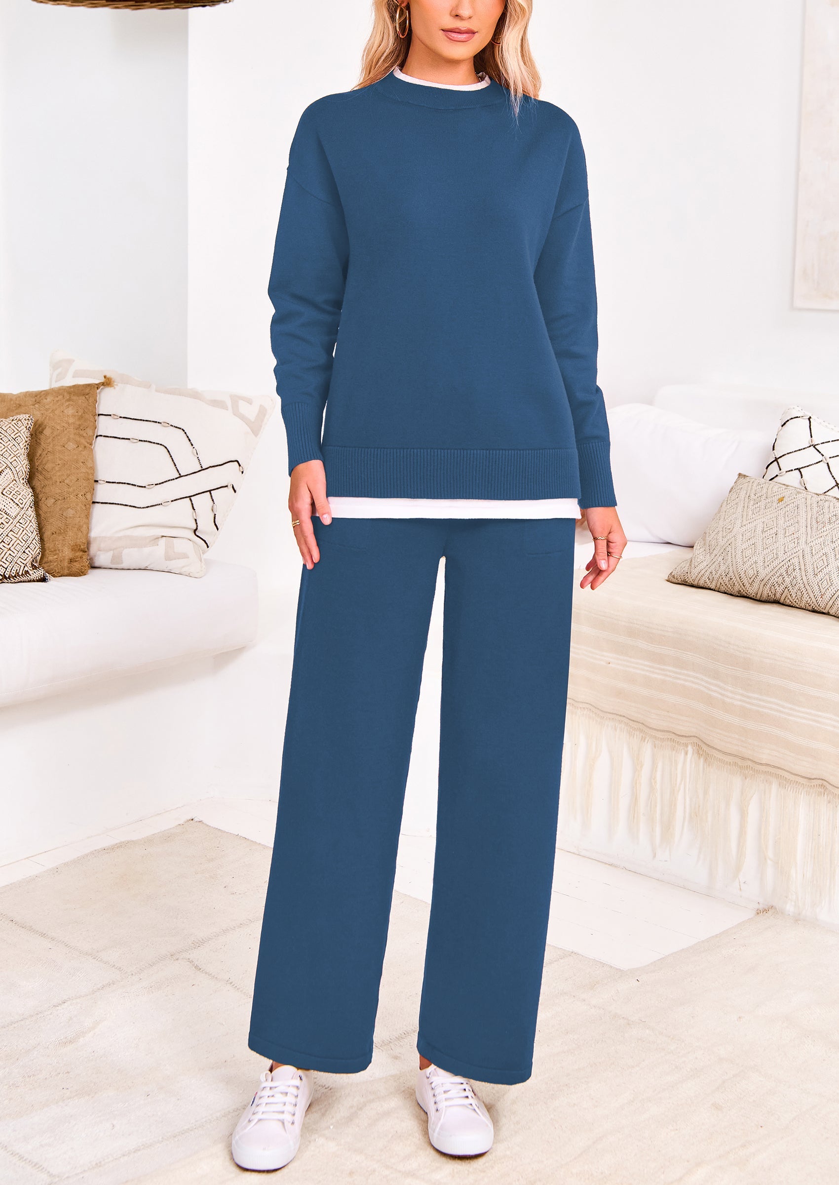 Chichi Two Piece Matching Sweater Lounge Sets Knit Long Sleeve Pullover Tops Wide Leg Pants Wine Red