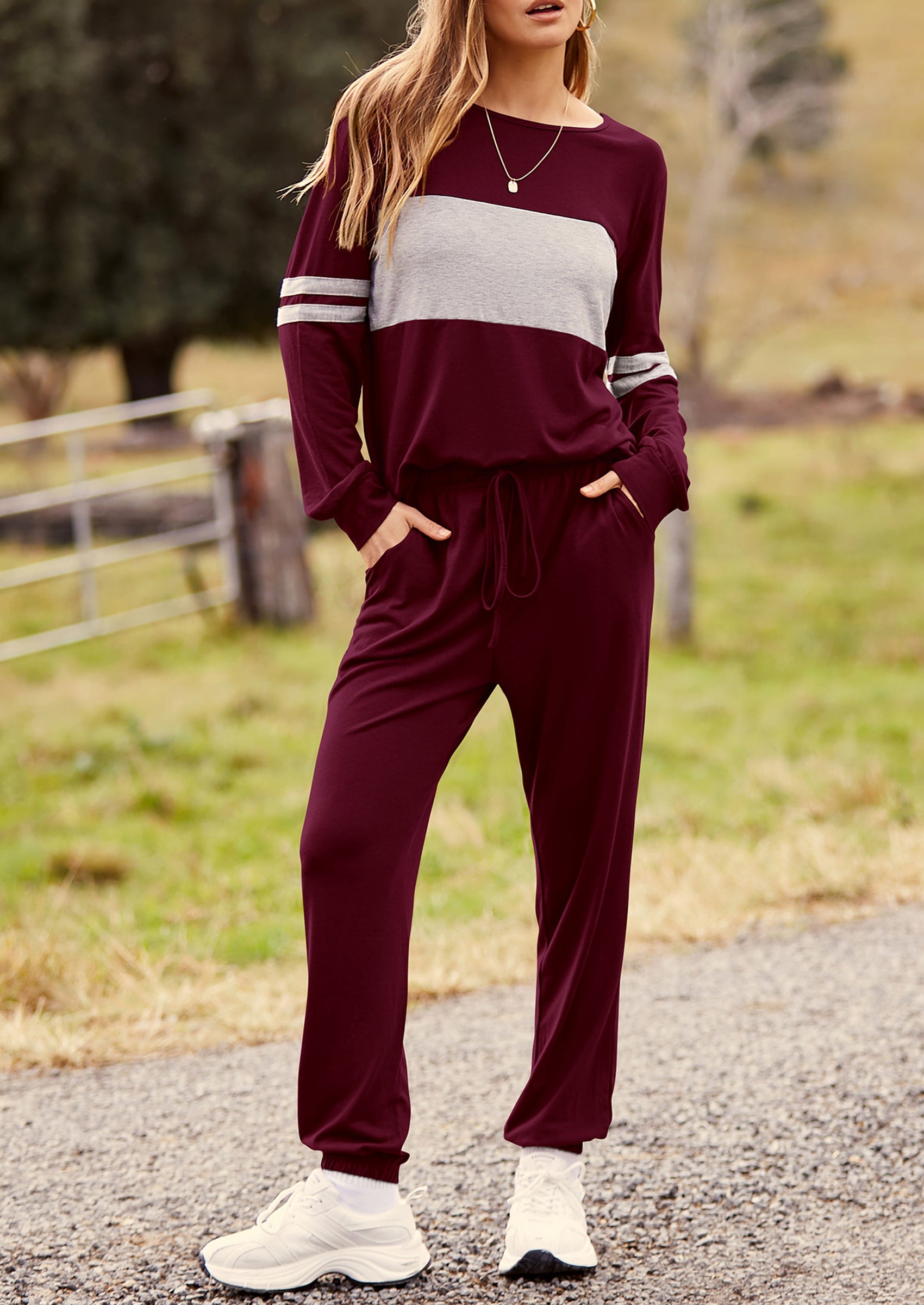 Chichi Women's Color Block 2 Piece Spring Tracksuit Crewneck Long Sleeve Tops Long Sweatpants Outfits Lounge Sets Wine Red
