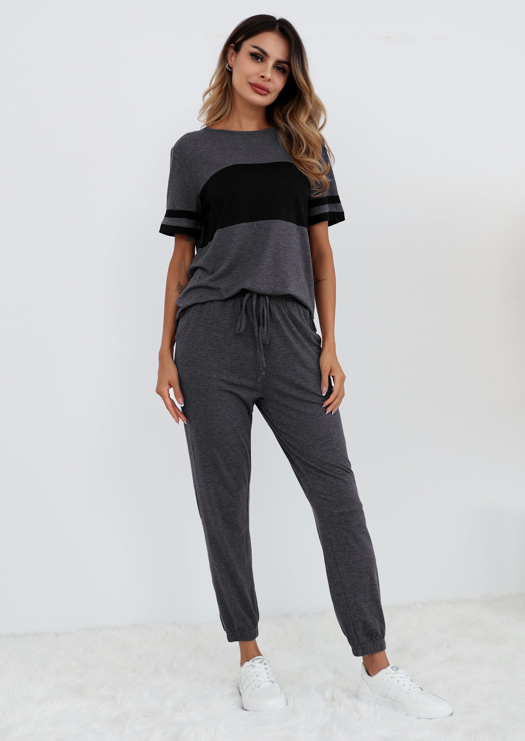 Chichi Women's Two Piece Lounge Sets Spring Summer Jogger Pants Vacation Outfits Travel Airplane Matching Clothes Deep Grey