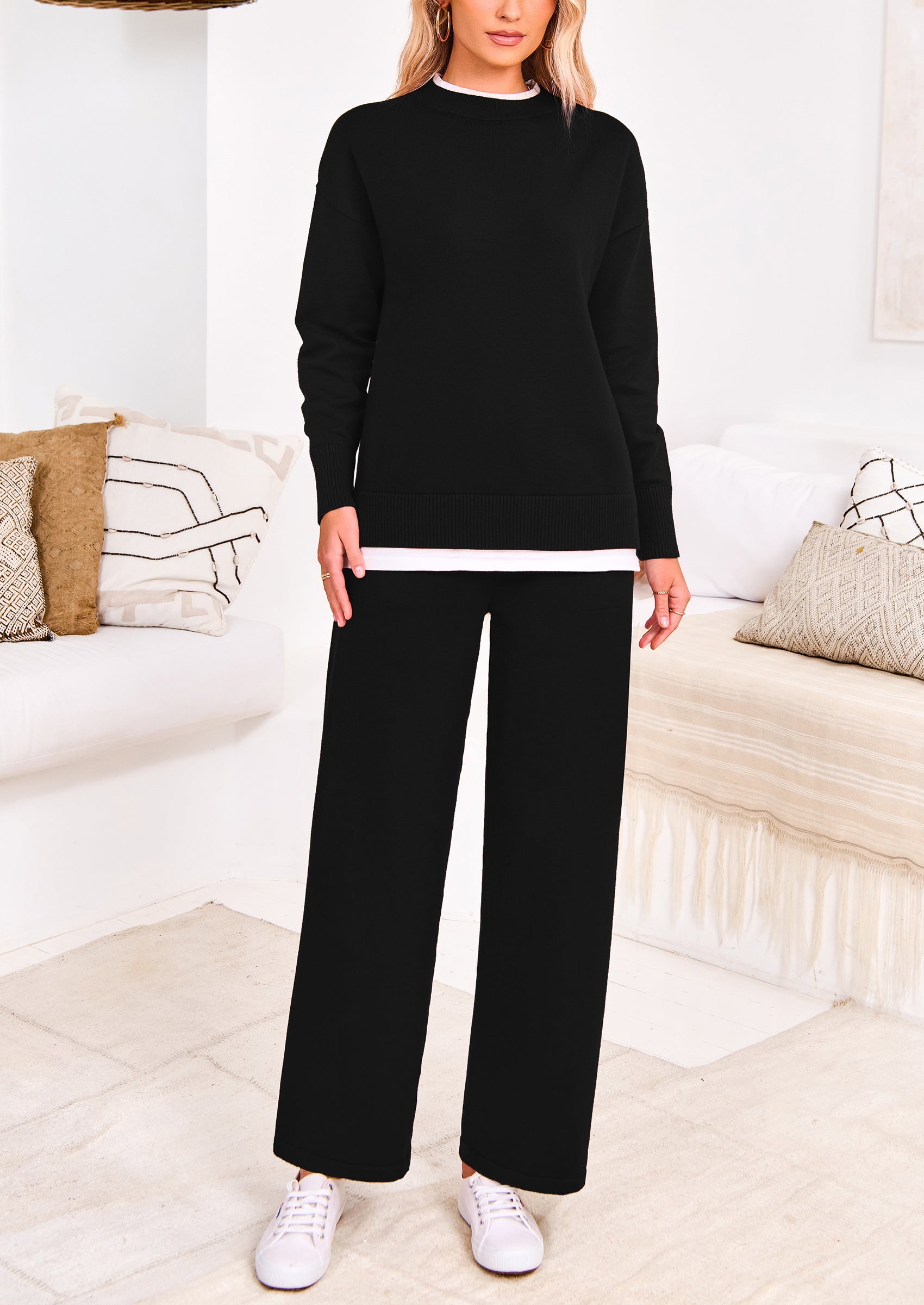 Chichi Two Piece Matching Sweater Lounge Sets Knit Long Sleeve Pullover Tops Wide Leg Pants Black