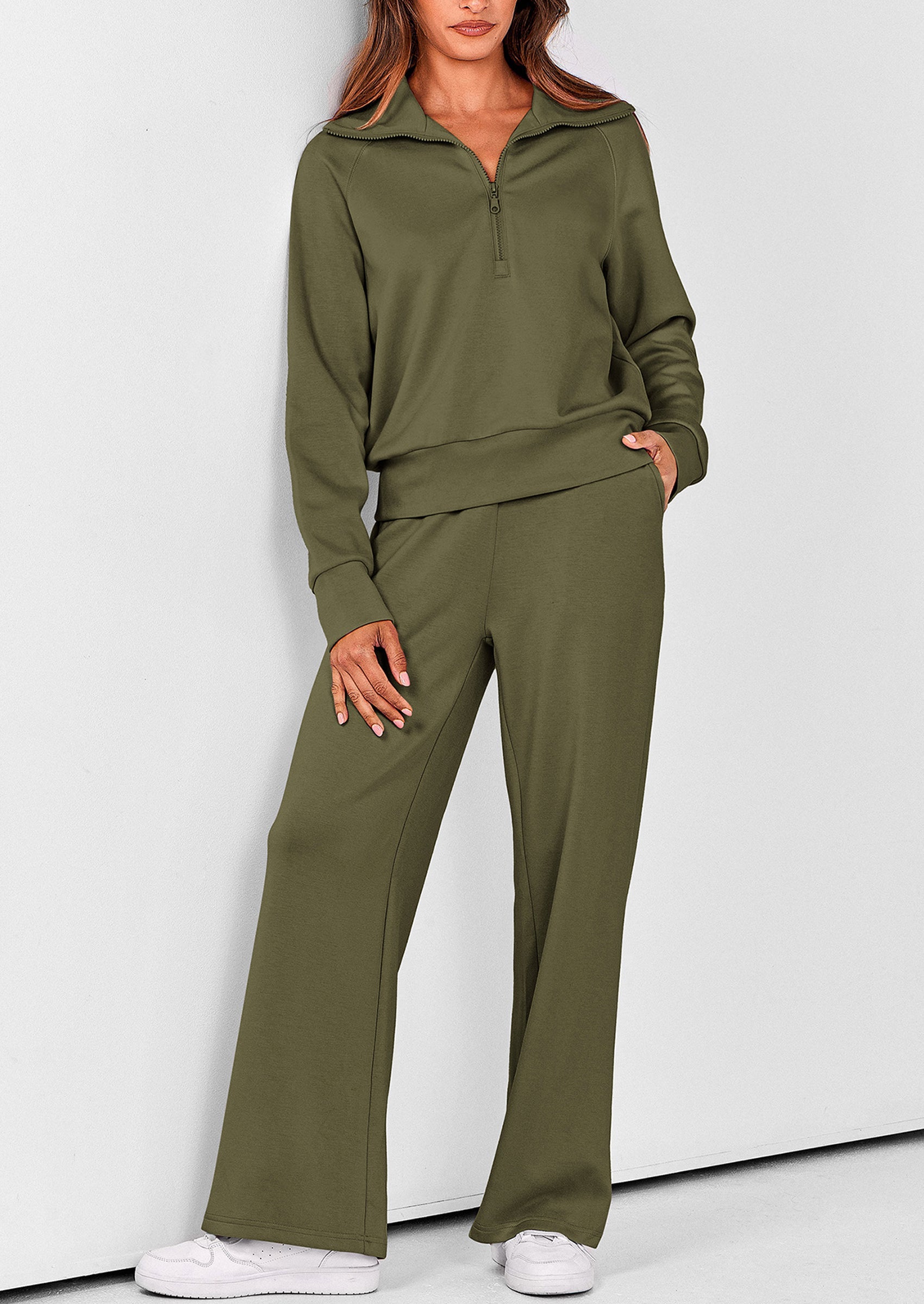 Chichi Women's 2 Piece Outfits Casual Lapel Half Zip Sweatshirts And Wide Leg Pants Tracksuit Sets Army Green