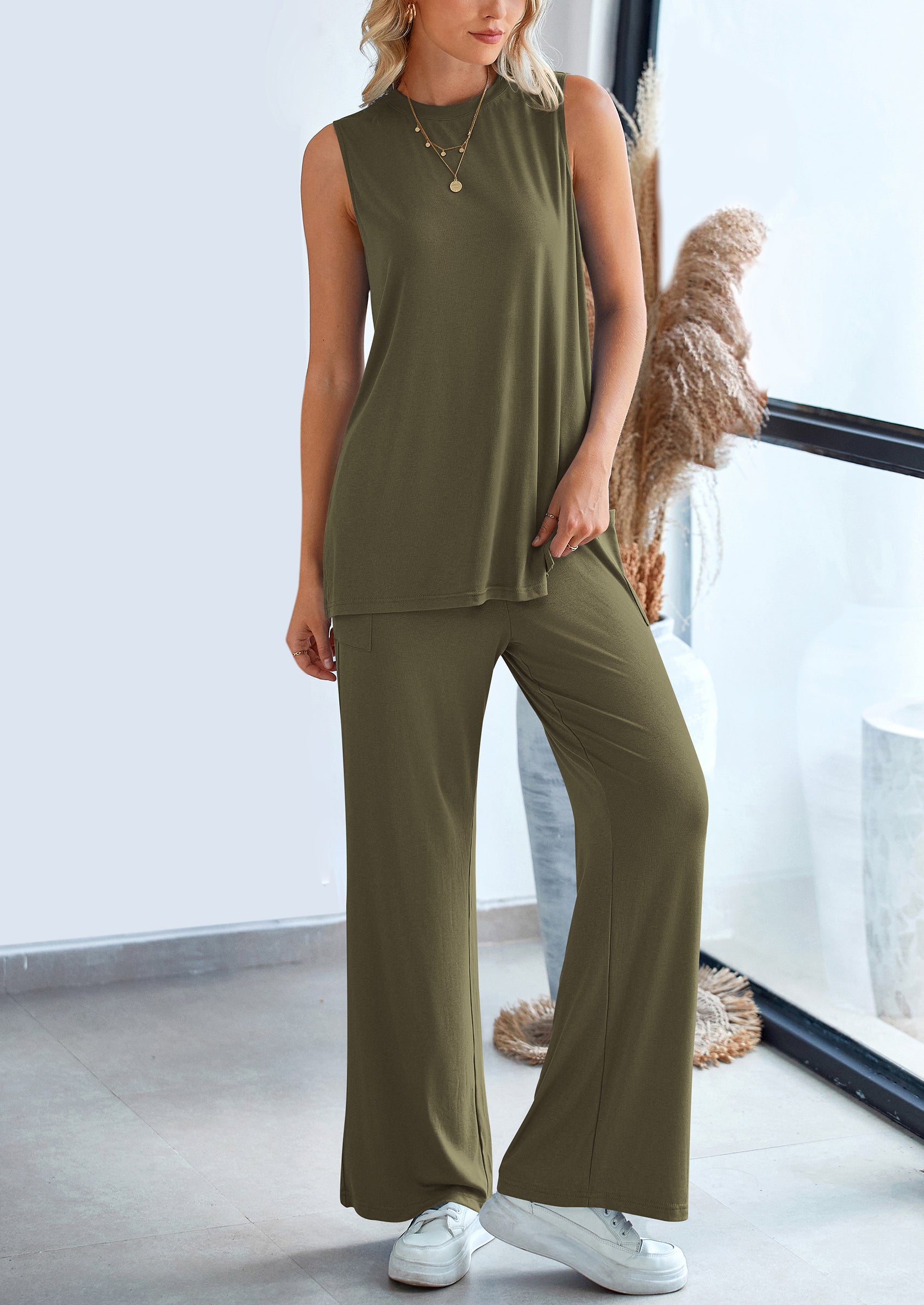 Chichi 2 Piece Set Loose Tank Top Wide Leg Pants Casual Matching Outfits Tracksuit Army Green