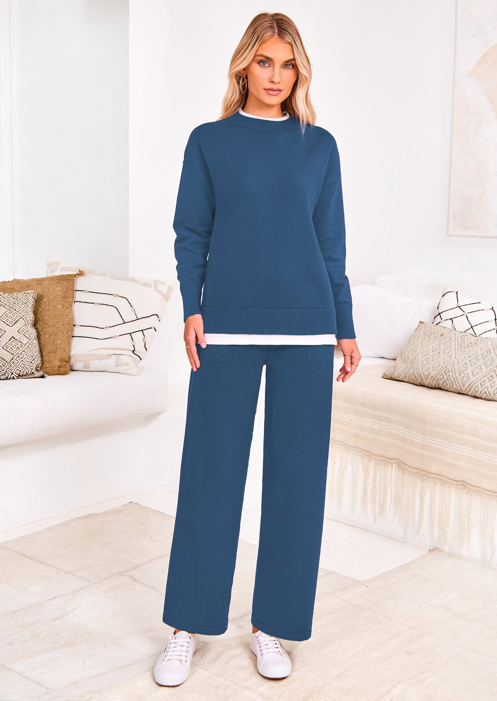 Chichi Two Piece Matching Sweater Lounge Sets Knit Long Sleeve Pullover Tops Wide Leg Pants Wine Red