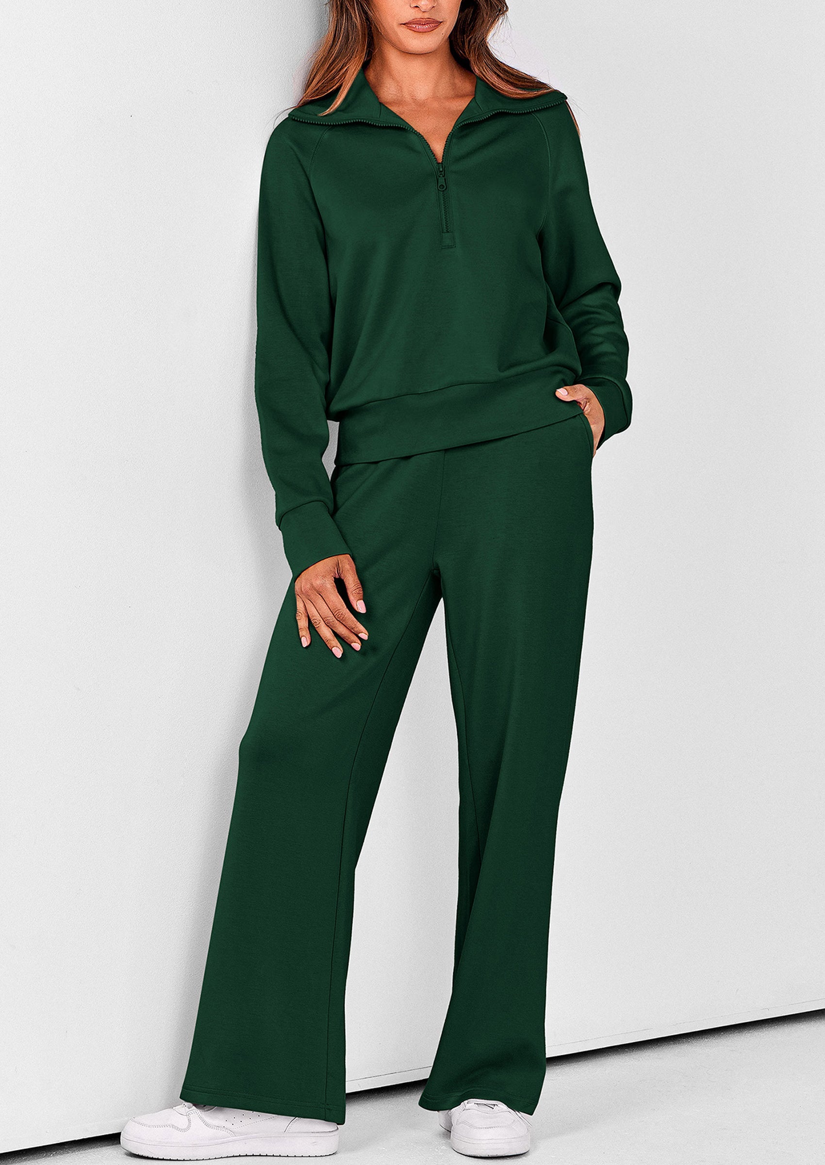 Chichi Women's 2 Piece Outfits Casual Lapel Half Zip Sweatshirts And Wide Leg Pants Tracksuit Sets Black