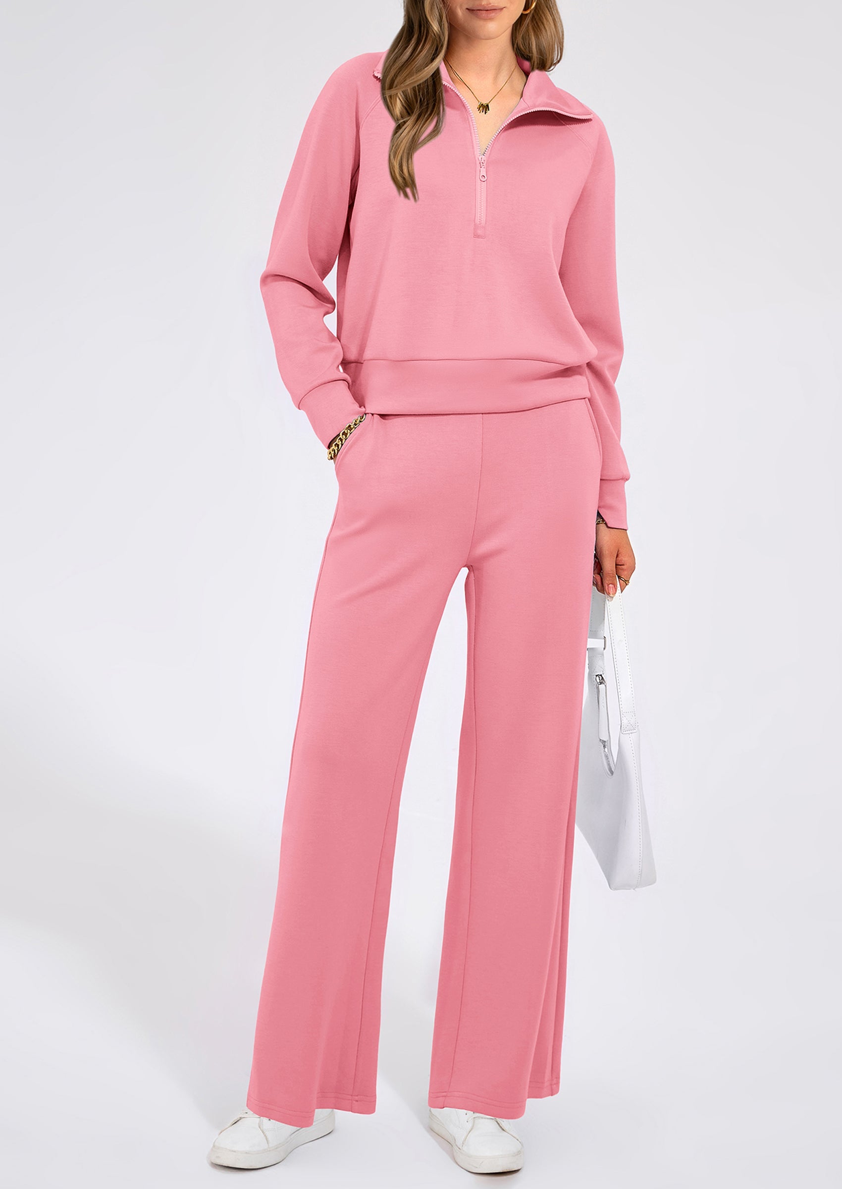 Chichi Women's 2 Piece Outfits Casual Lapel Half Zip Sweatshirts And Wide Leg Pants Tracksuit Sets Pink
