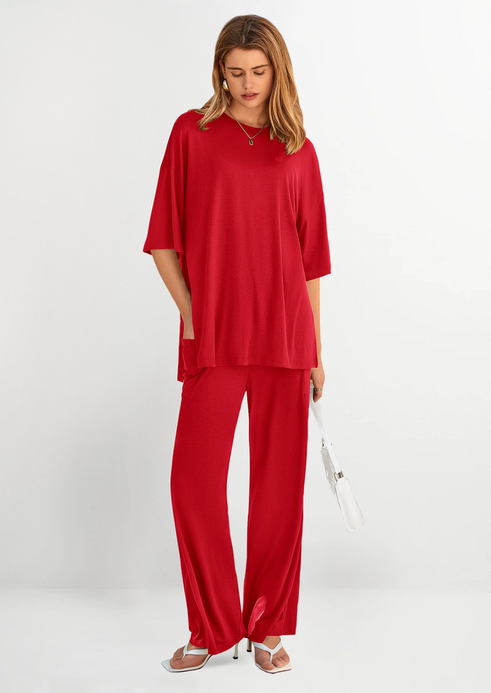 Chichi Women's 2 Piece Outfits Casual Short Sleeve Pullover Tops and Wide Leg Pants Lounge Sets Tracksuits Red