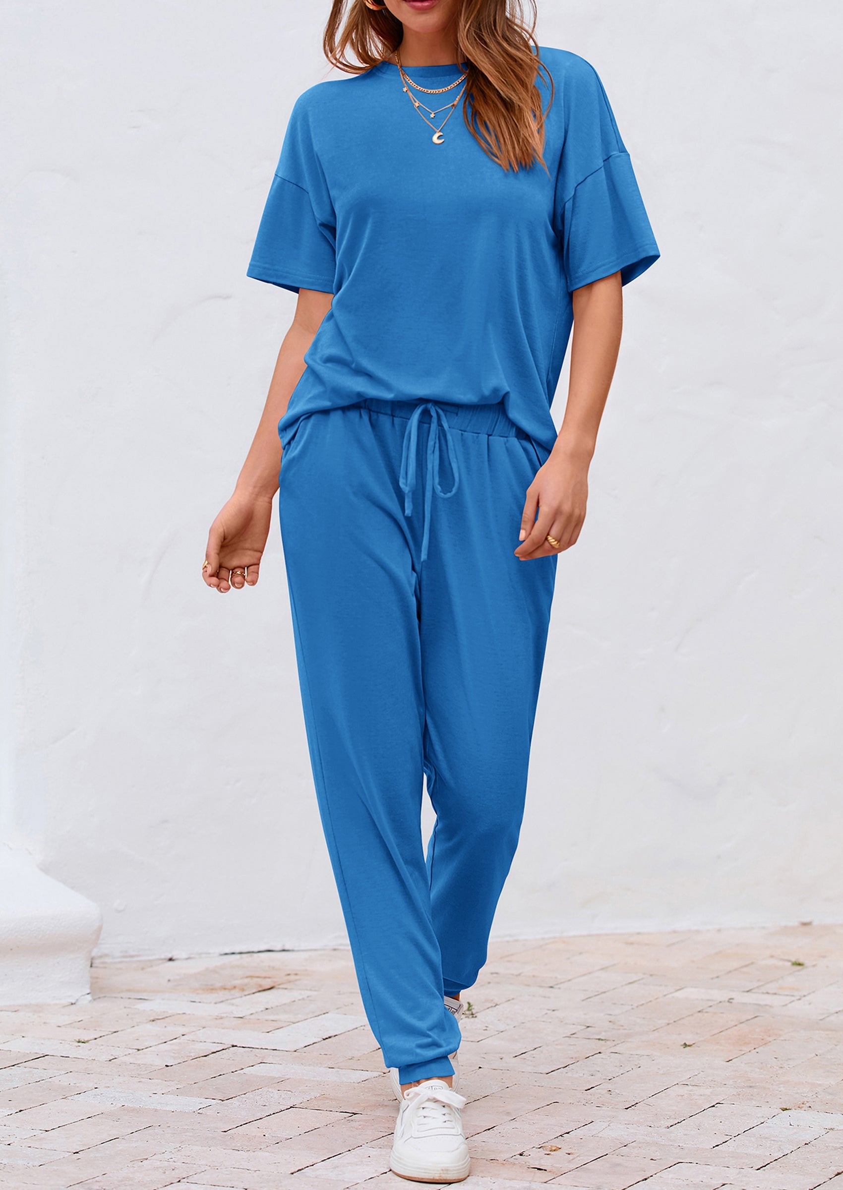 Chichi Women's Two Piece Lounge Sets Spring Summer Jogger Pants Vacation Outfits Travel Airplane Matching Clothes Blue