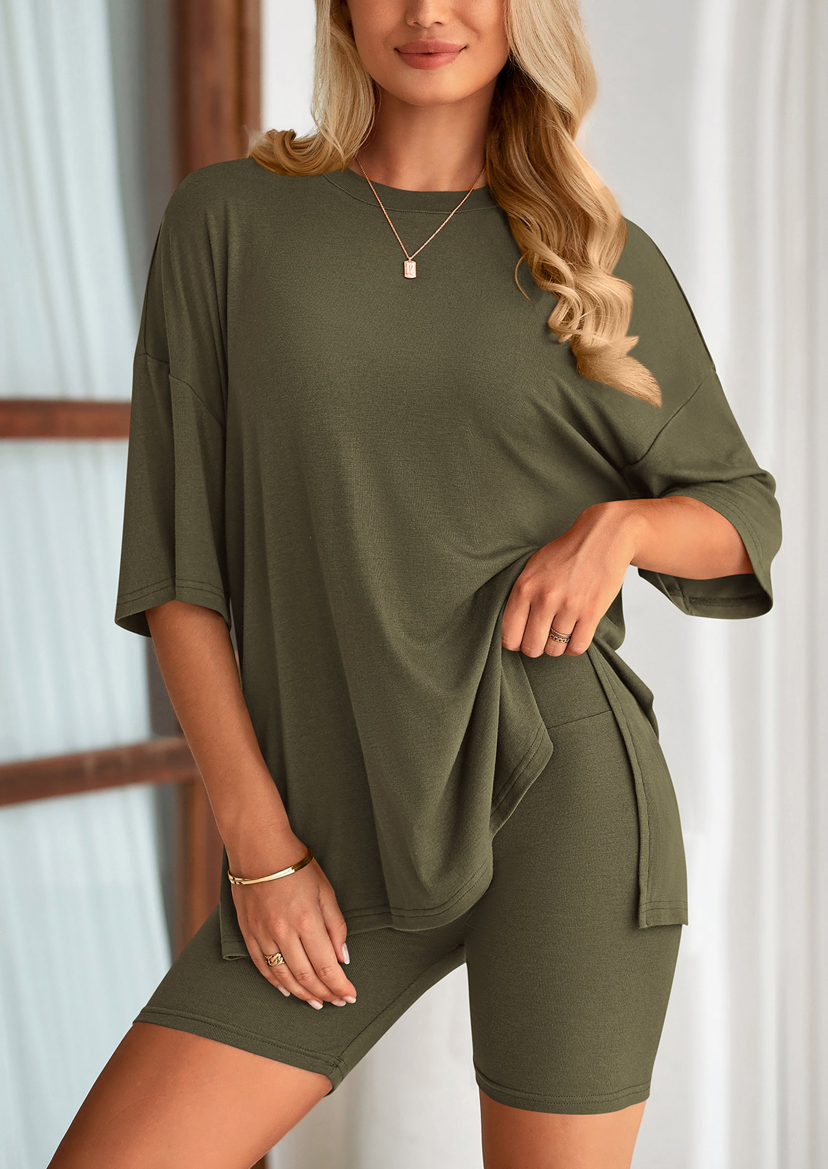 Chichi Women's Two Piece Lounge Set Summer Casual Oversized Shirts Biker Shorts Matching Airport Travel Outfit Army Green