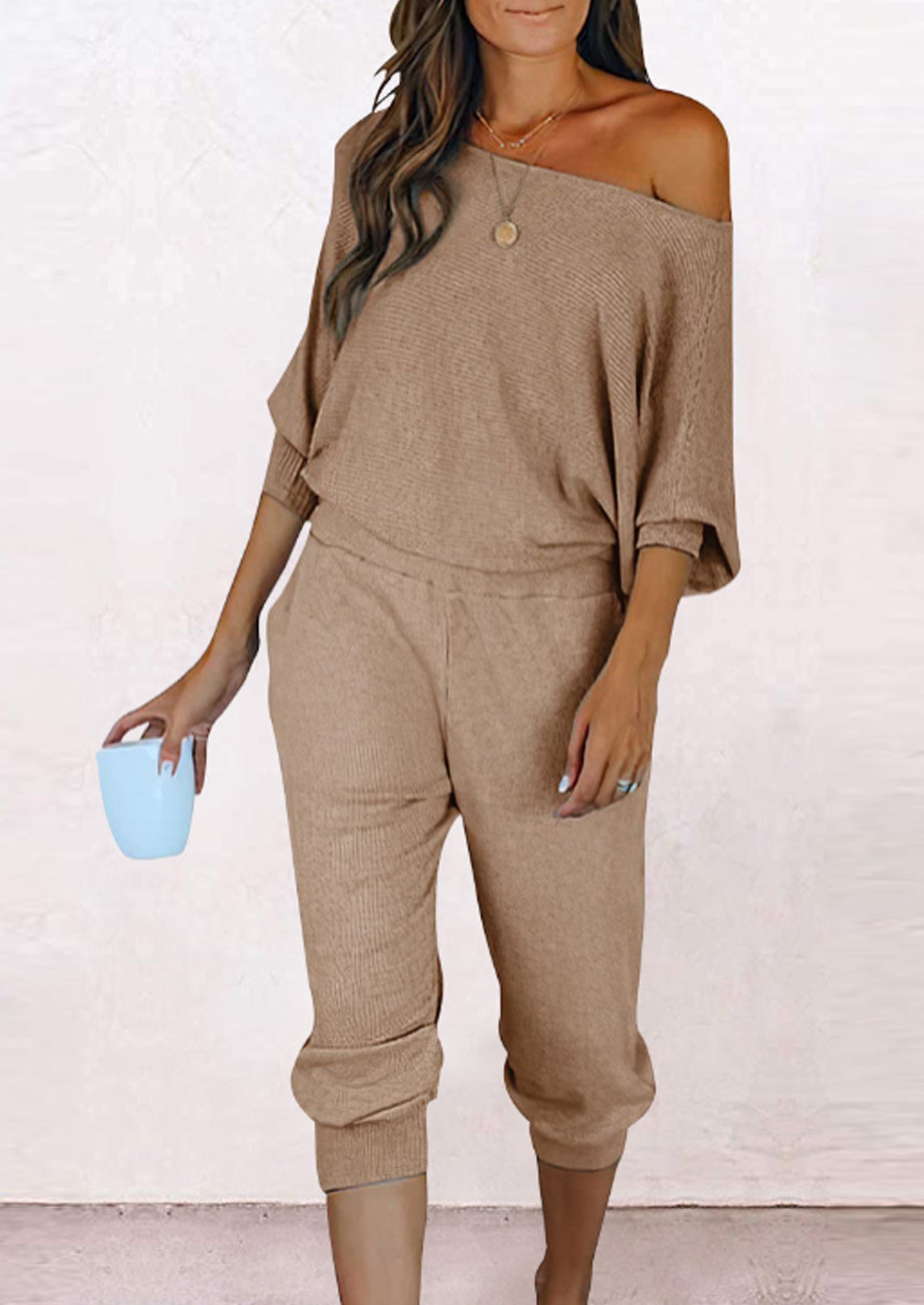 Chichi Women's 2 Piece Ribbed Tracksuit Outfits Off Shoulder Long Sleeve Pullover Lounge Pants with Pockets Khaki