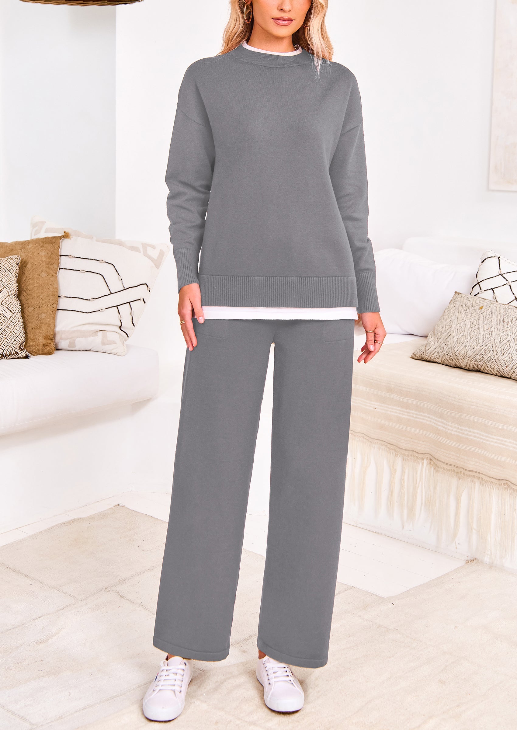 Chichi Two Piece Matching Sweater Lounge Sets Knit Long Sleeve Pullover Tops Wide Leg Pants Grey