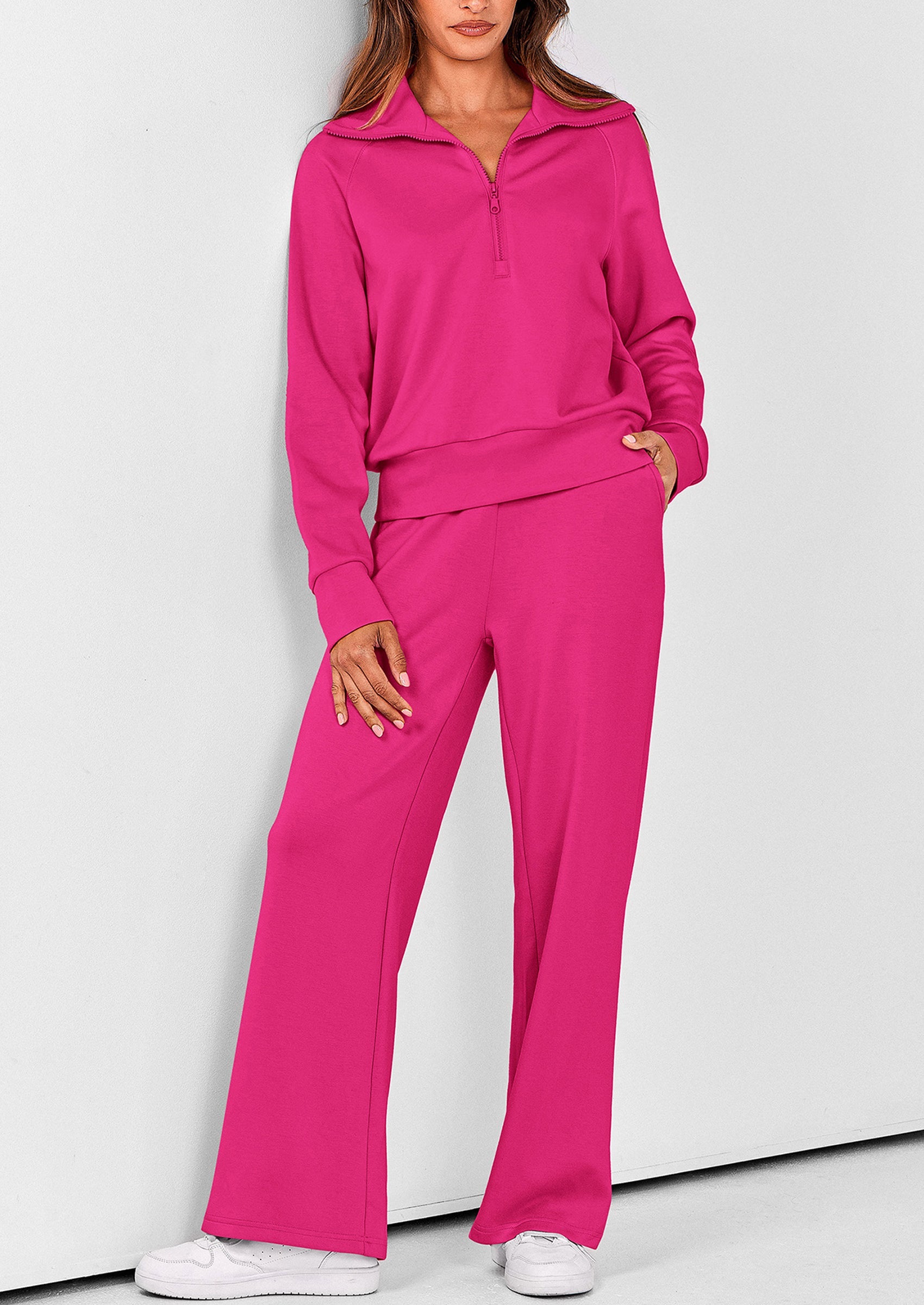 Chichi Women's 2 Piece Outfits Casual Lapel Half Zip Sweatshirts And Wide Leg Pants Tracksuit Sets Rose Red