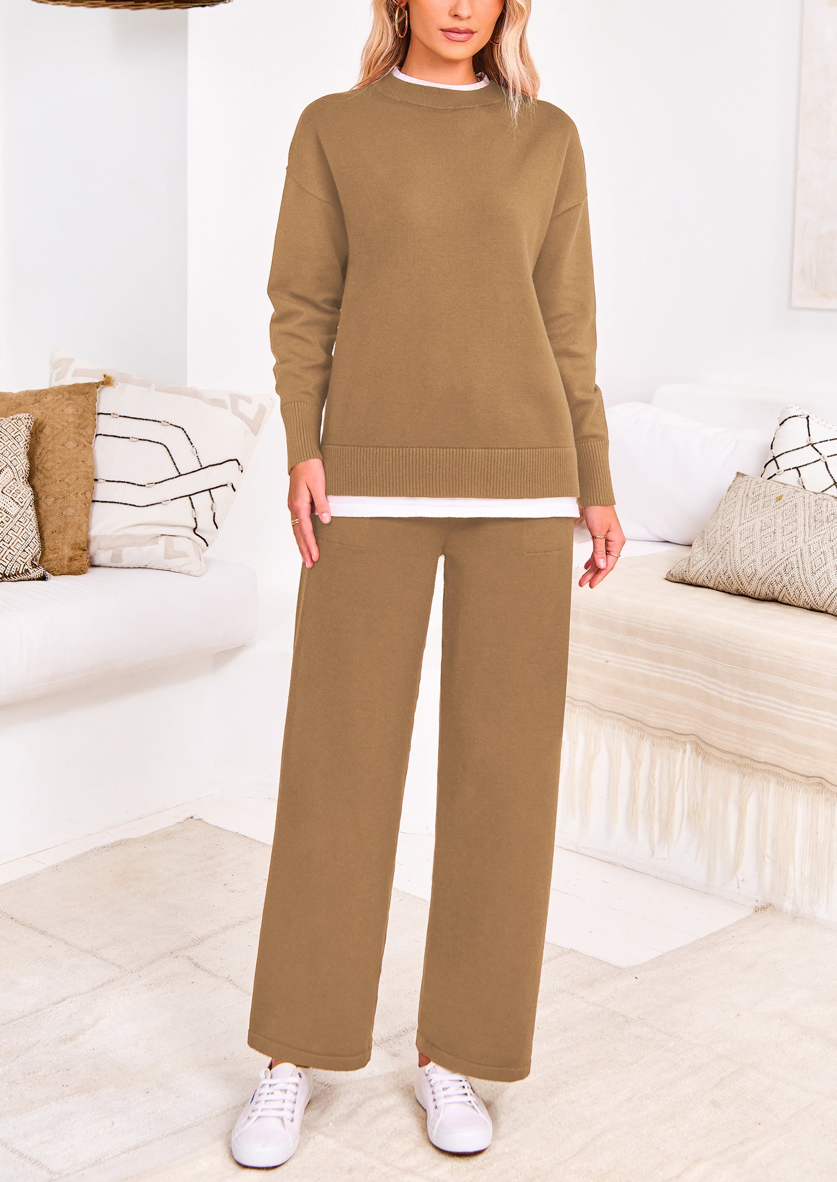 Chichi Two Piece Matching Sweater Lounge Sets Knit Long Sleeve Pullover Tops Wide Leg Pants Beige