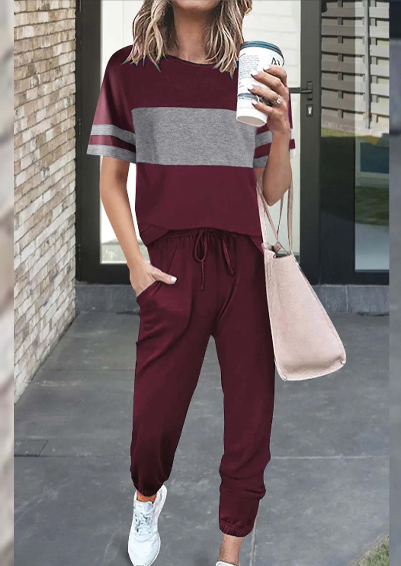 Chichi Women's Two Piece Lounge Sets Spring Summer Jogger Pants Vacation Outfits Travel Airplane Matching Clothes Wine red