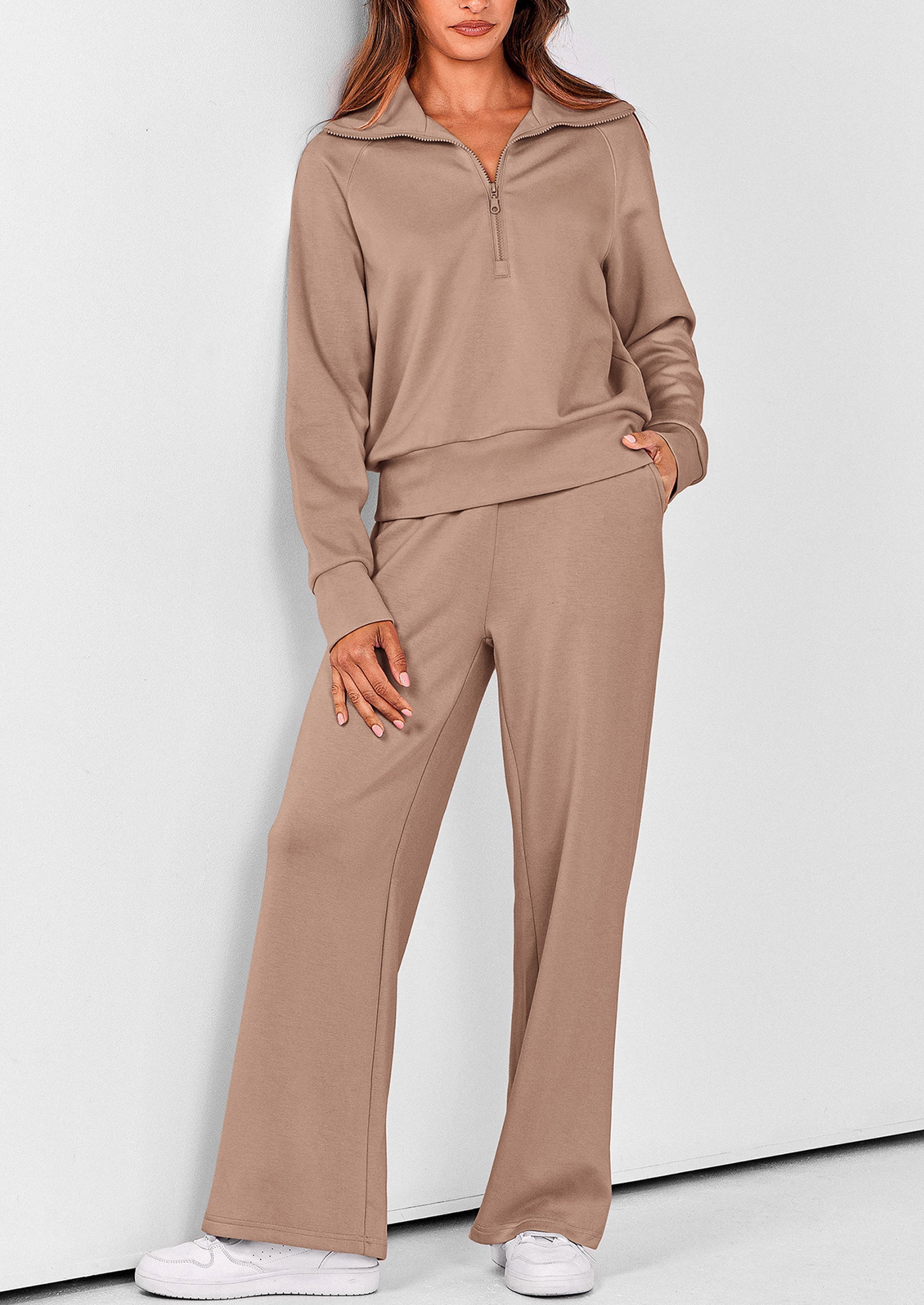 Chichi Women's 2 Piece Outfits Casual Lapel Half Zip Sweatshirts And Wide Leg Pants Tracksuit Sets Khaki