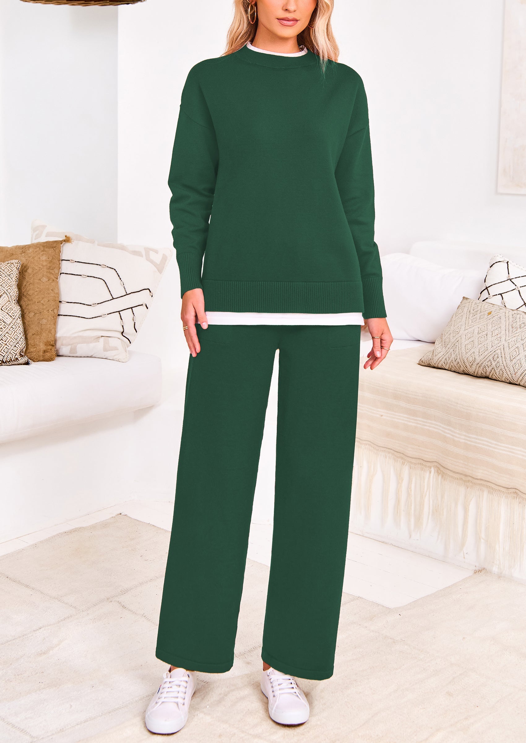 Chichi Two Piece Matching Sweater Lounge Sets Knit Long Sleeve Pullover Tops Wide Leg Pants Dark Green