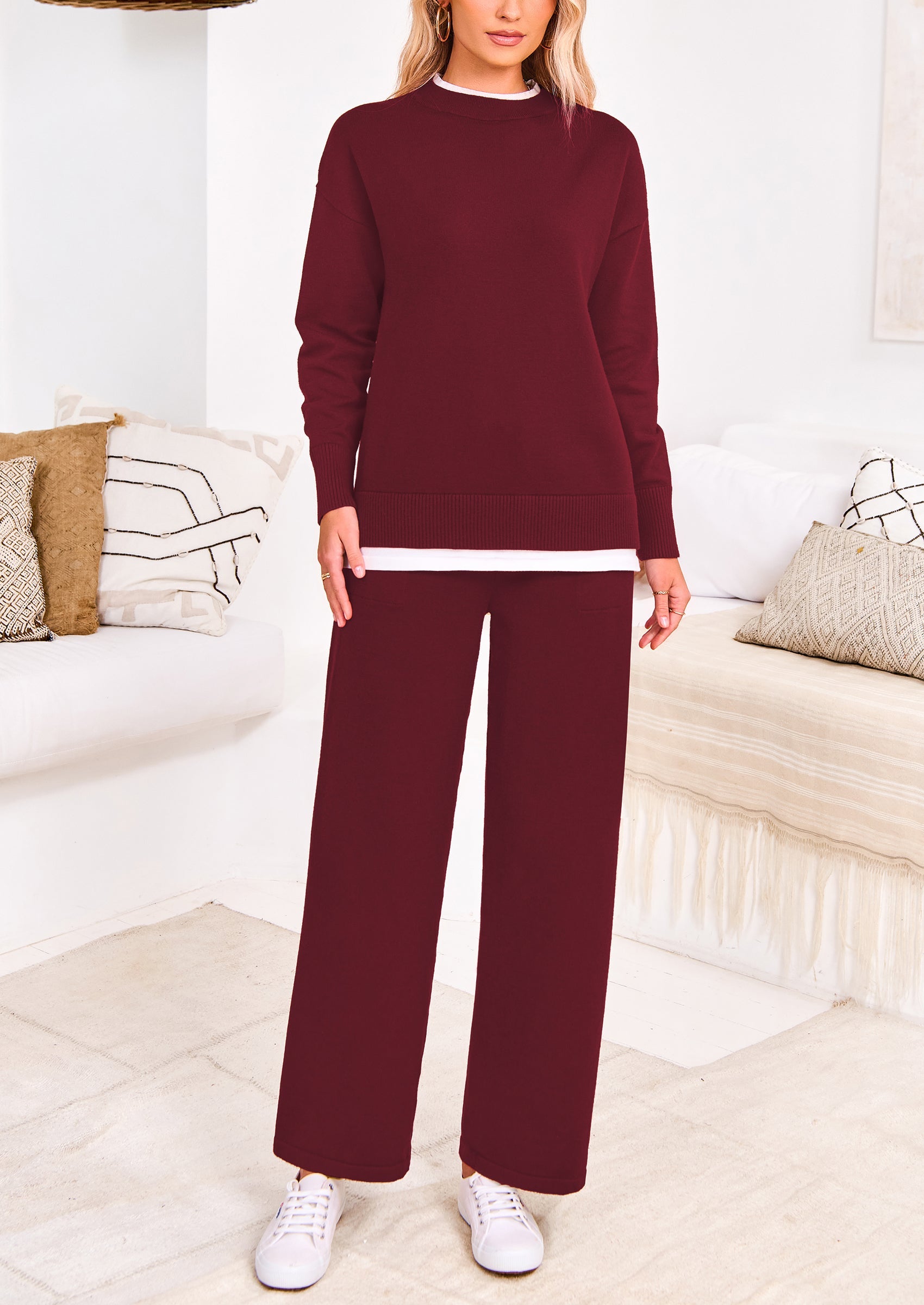 Chichi Two Piece Matching Sweater Lounge Sets Knit Long Sleeve Pullover Tops Wide Leg Pants Wine Red