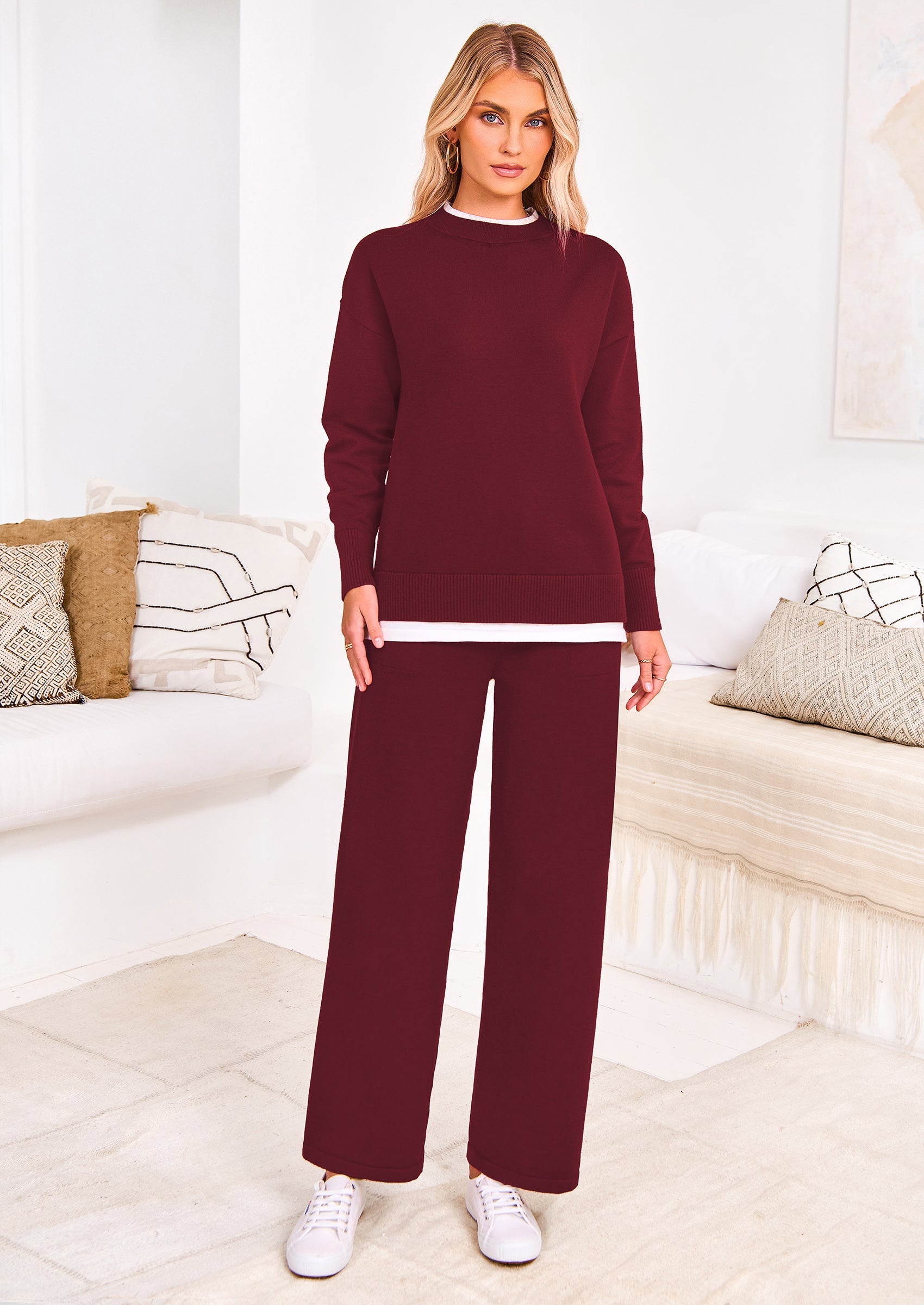 Chichi Two Piece Matching Sweater Lounge Sets Knit Long Sleeve Pullover Tops Wide Leg Pants Wine Red