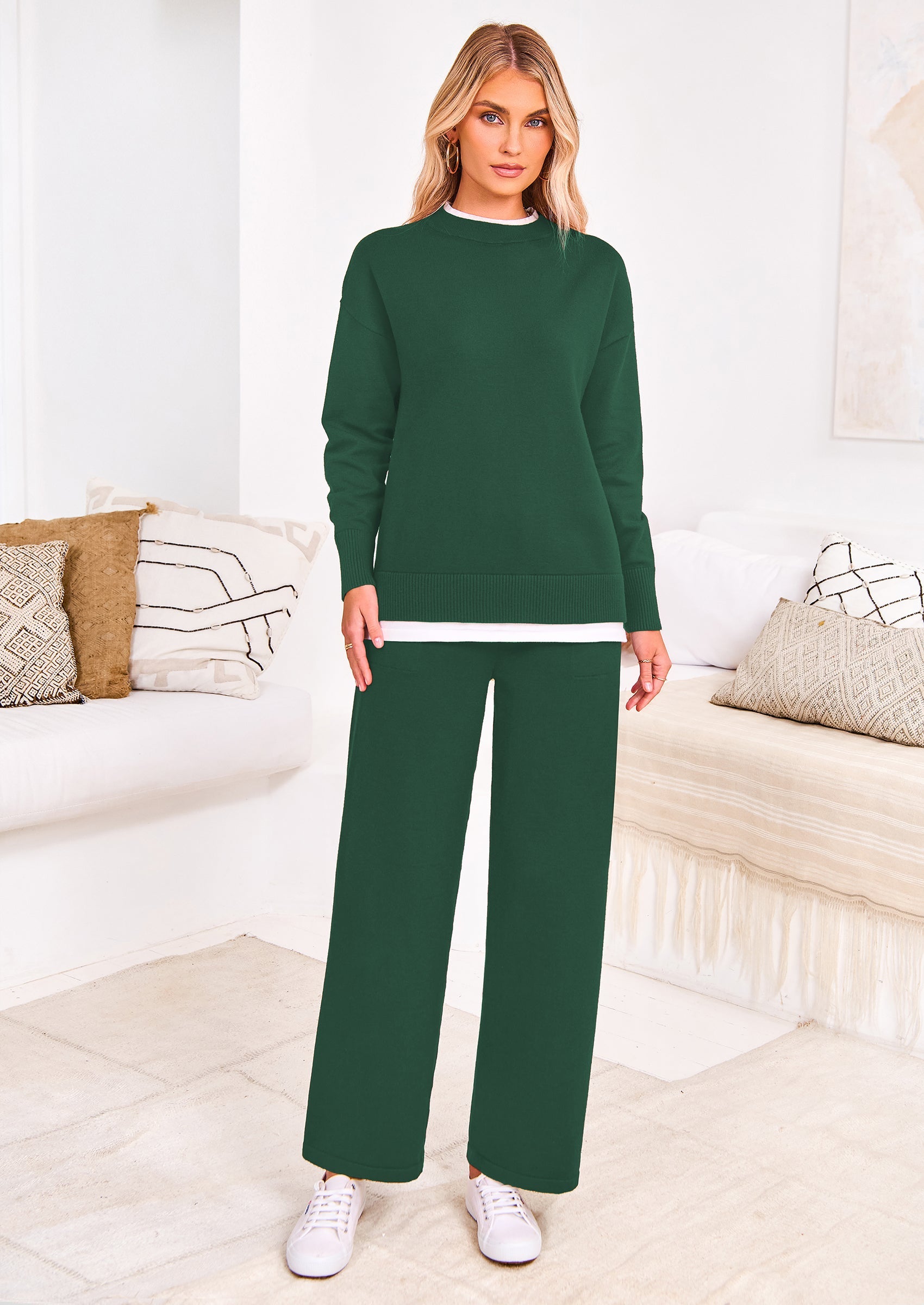 Chichi Two Piece Matching Sweater Lounge Sets Knit Long Sleeve Pullover Tops Wide Leg Pants Dark Green
