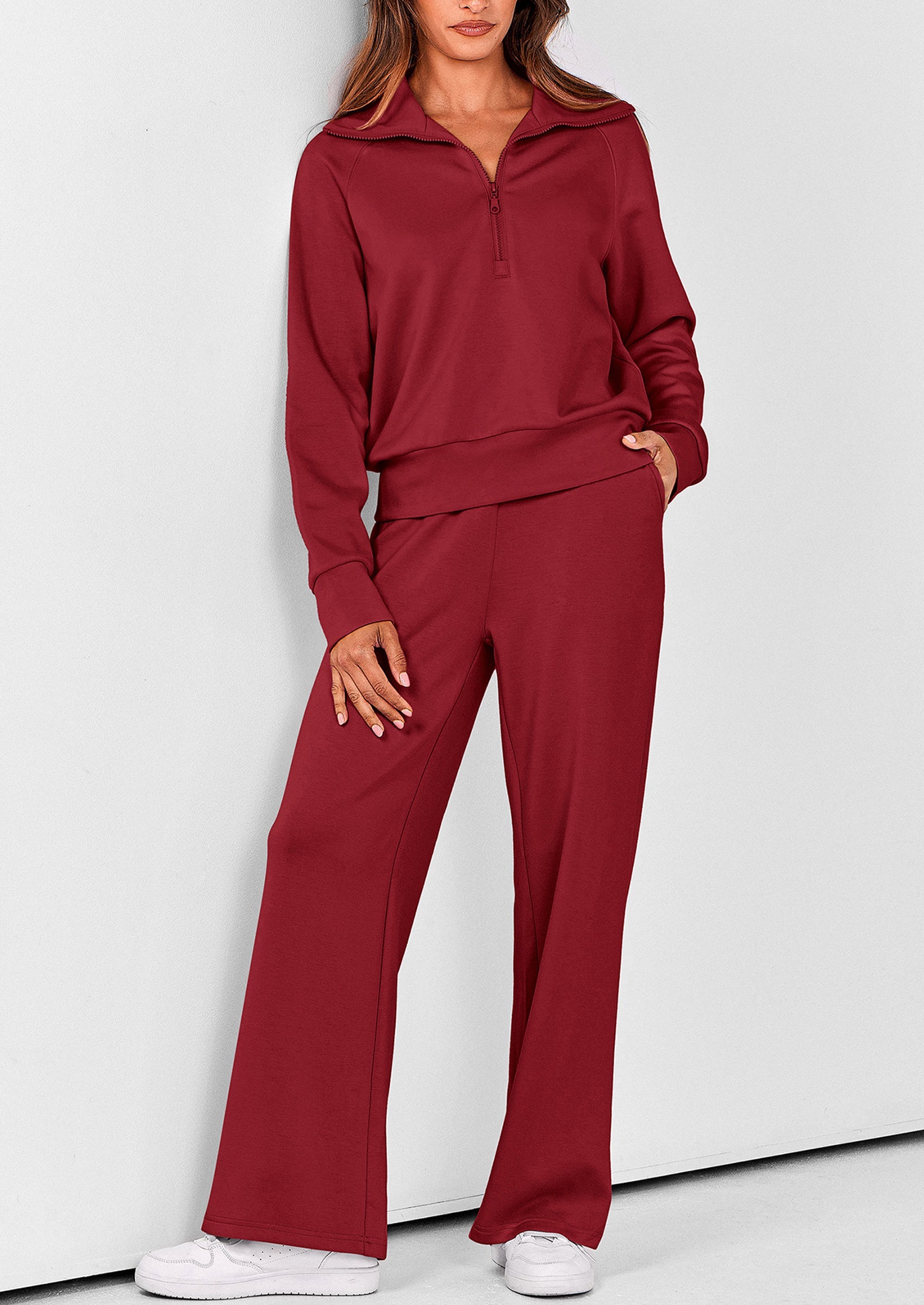 Chichi Women's 2 Piece Outfits Casual Lapel Half Zip Sweatshirts And Wide Leg Pants Tracksuit Sets Wine Red
