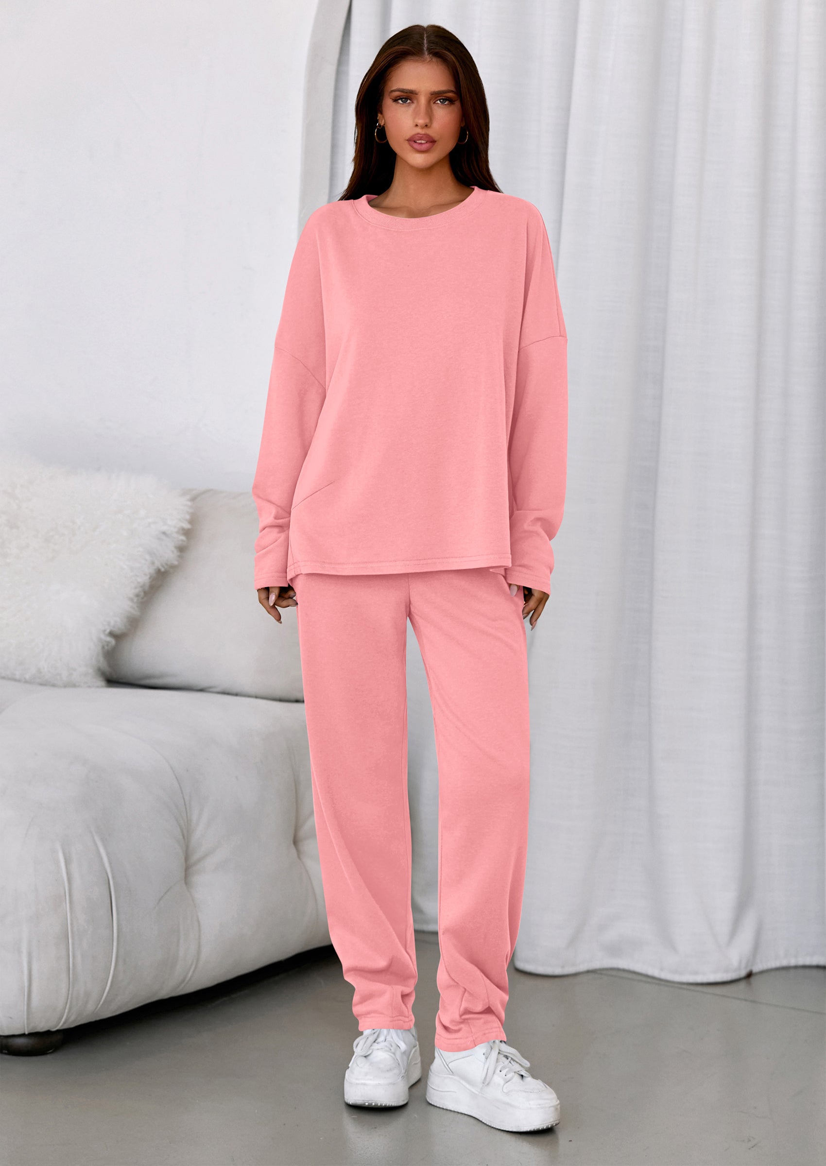Chichi Womens 2 Piece Matching Lounge Sets Fall Long Sleeve Boatneck Sweatsuit Drawstring Sweatpants Pockets Pink