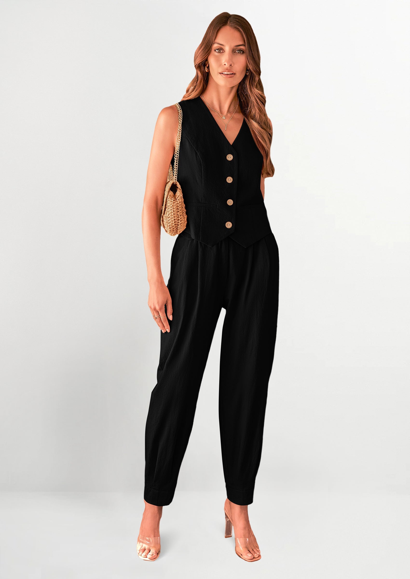 Chichi Two Piece V Neck Button Front Cropped Tank Tops Vest Pockets Pants Cotton Sets Black