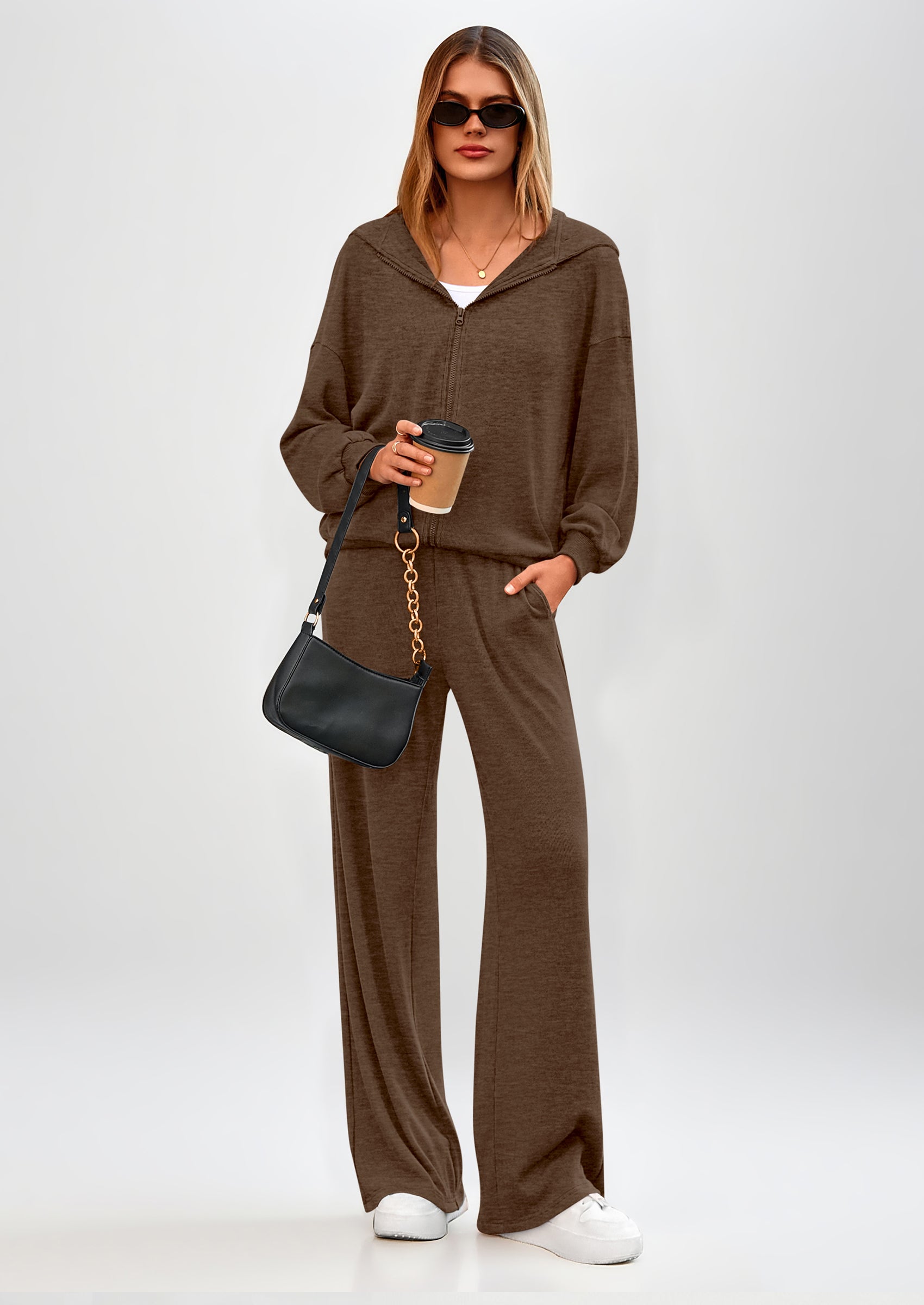 Chichi Women's 2 Piece Fall Lounge Sets Zip Up Hoodie Wide Leg Pants Tracksuit Matching Travel Outfits Clothes Coffee