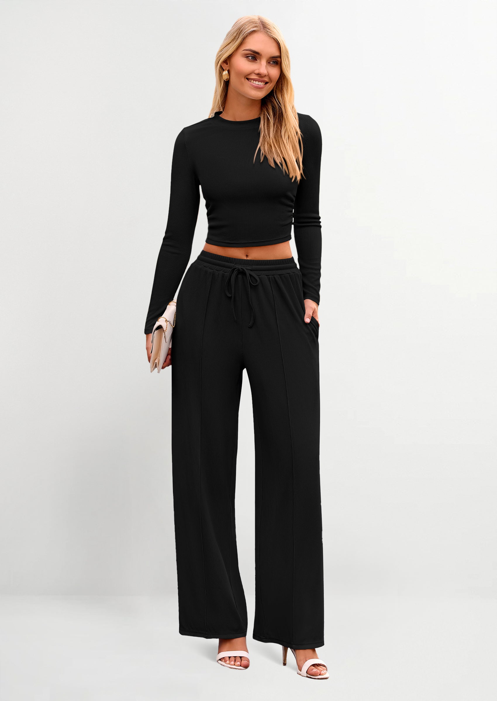 Chichi Women's 2 Piece Loungewear Long Sleeve Crop Top Wide Leg Palazzo Pants Set Tracksuits Casual Outfit Black