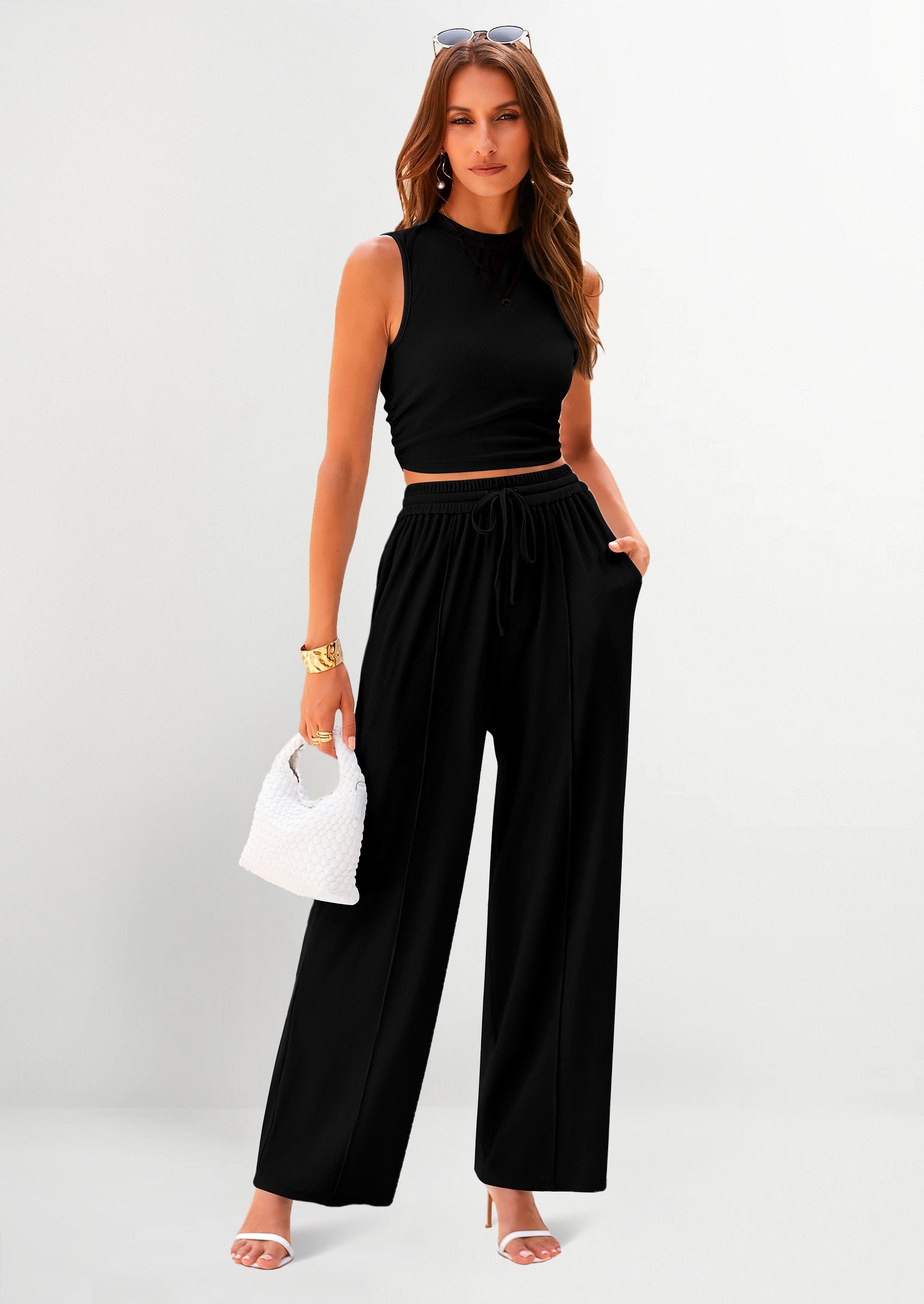 Chichi 2 Piece Sets Sleeveless Tank Ribbed Travel Vacation Lounge Wear Outfits Black