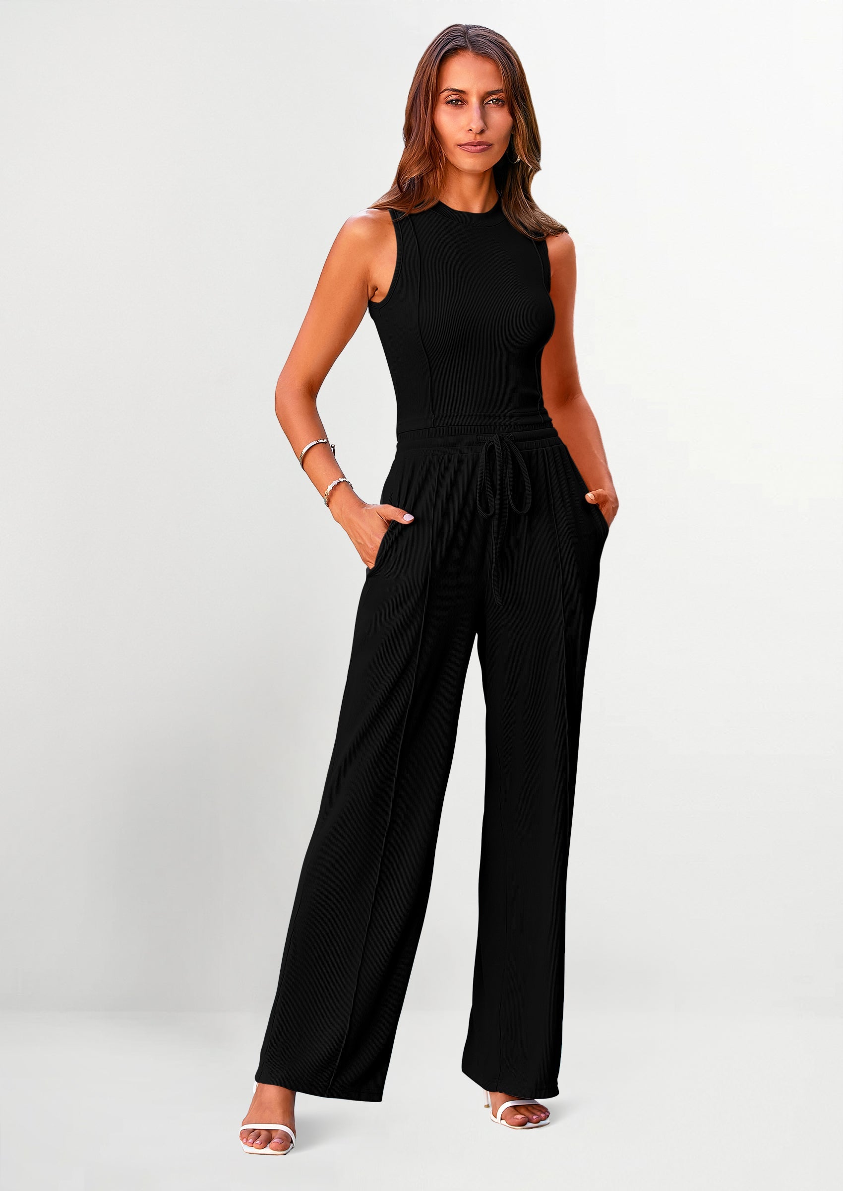 Chichi Women's Summer 2 Piece Loungewear Set Cropped Tank Top Wide Leg Sweatpants Tracksuit Casual Outfits Black