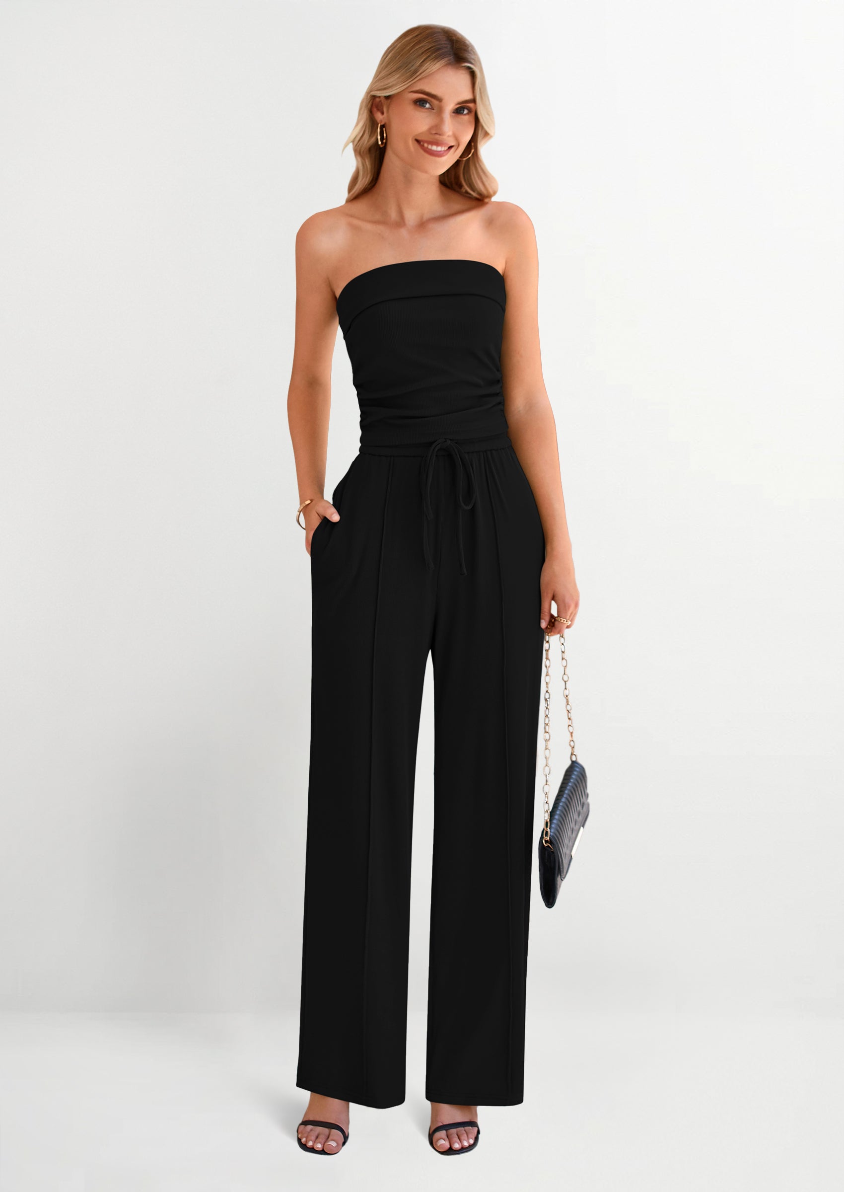 Chichi 2 Piece Sets Casual Ribbed Knit Crop Tube Top Wide Leg Pants Lounge Set Black