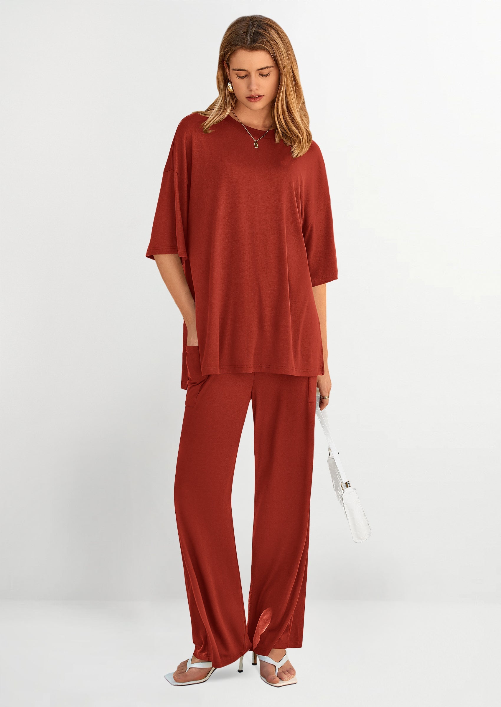 Chichi Women's 2 Piece Outfits Casual Short Sleeve Pullover Tops and Wide Leg Pants Lounge Sets Tracksuits Wine Red