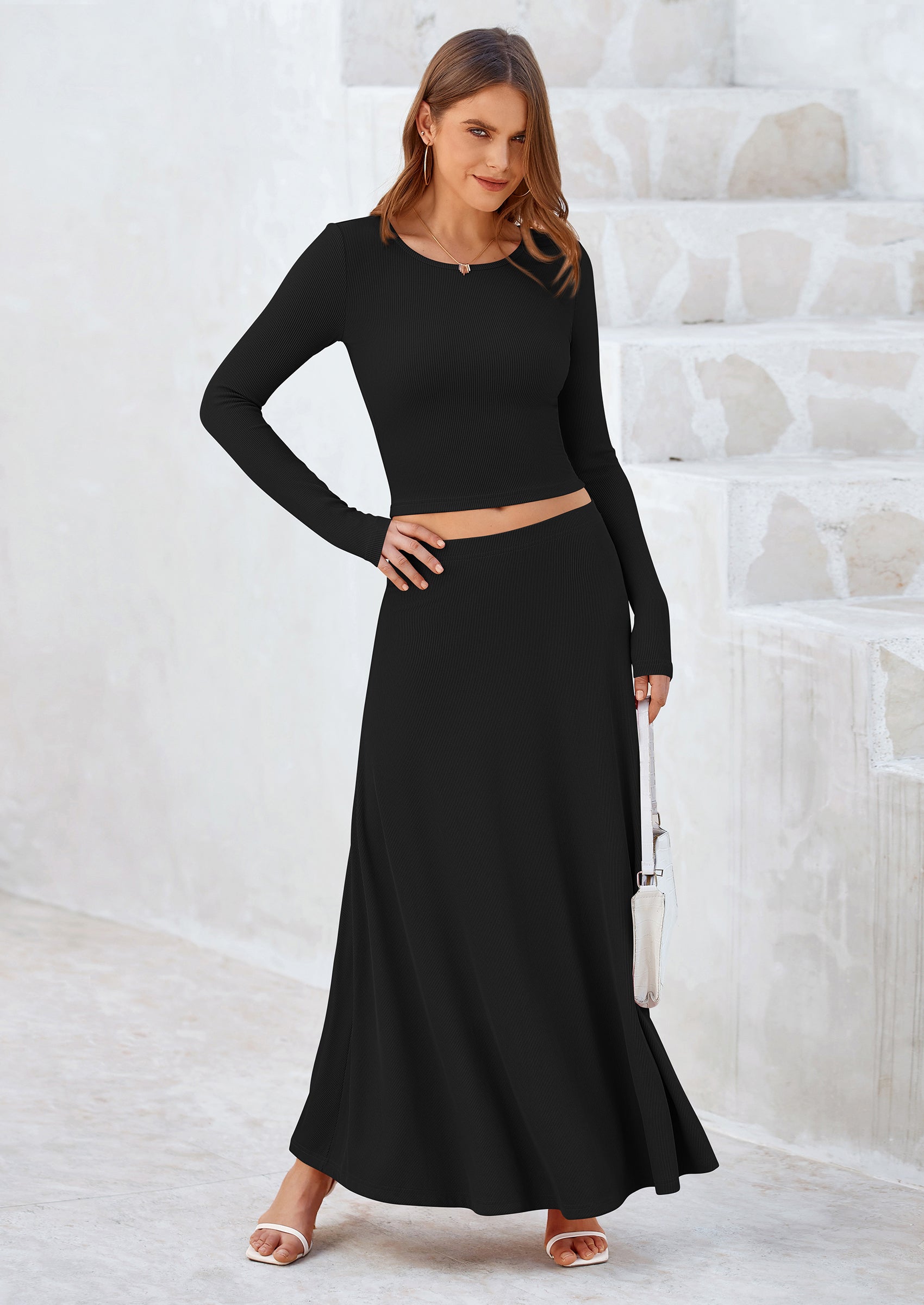 Chichi 2 Piece Casual Ribbed Knit Long Sleeve Crop Tops Maxi Flowy Skirts Matching Sets Black