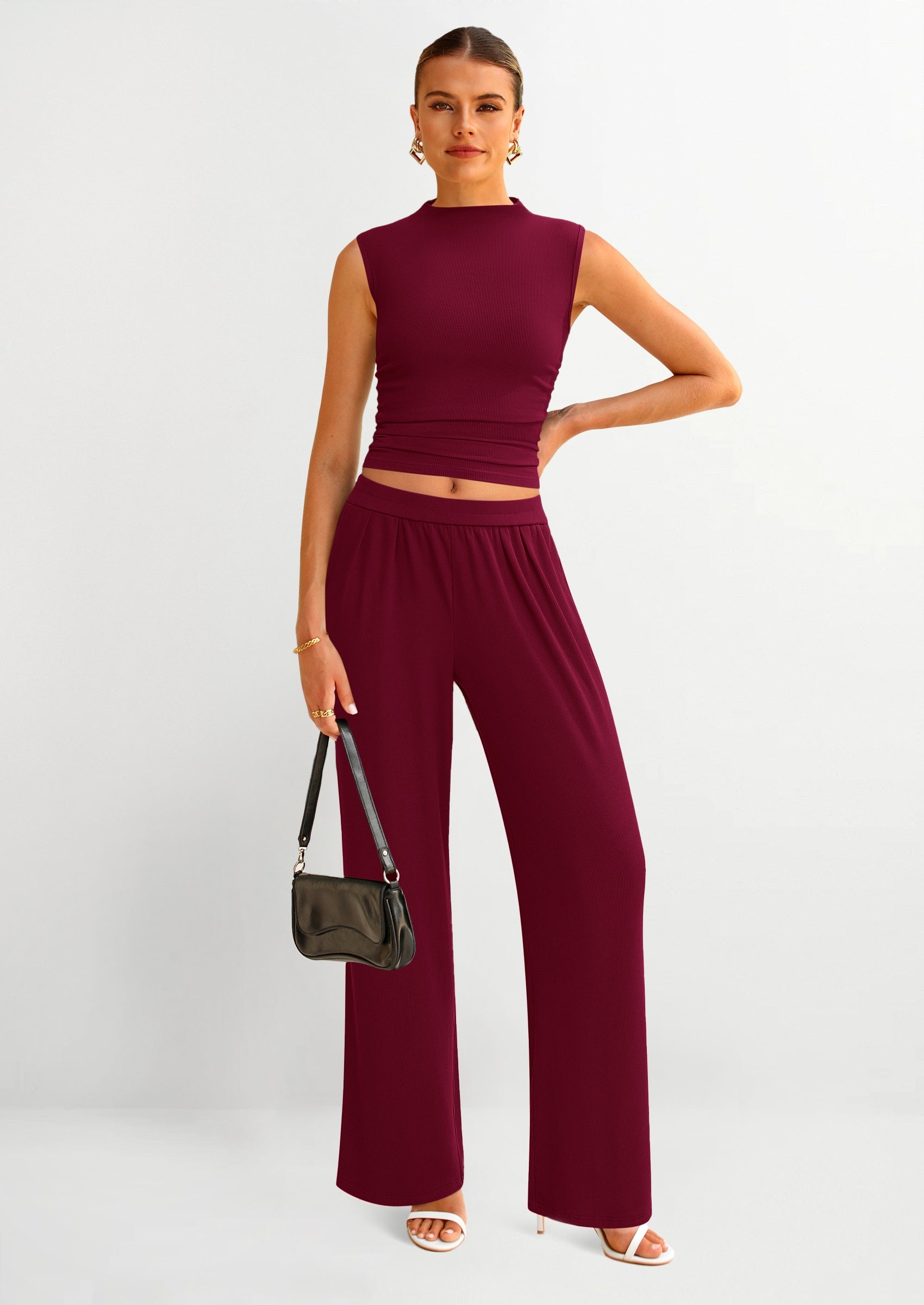 Chichi 2 Piece Sets for Women Summer Airport Travel Outfits Crop Tank Tops Wide Leg Pants Matching Lounge Sets Wine Red