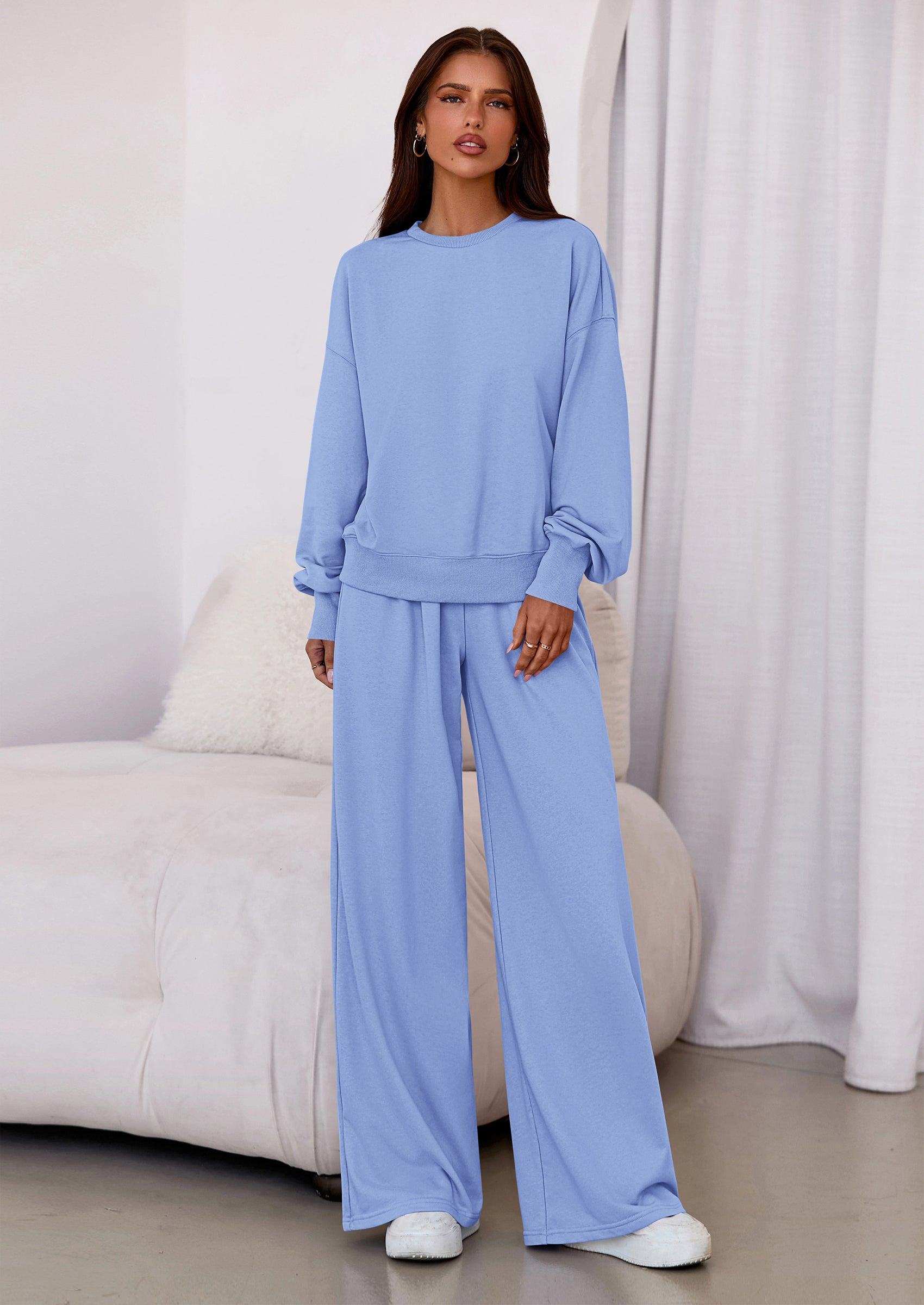 Chichi Womens 2 Piece Sets Long Sleeve Sweatshirt Wide Leg Pants Loose Matching Lounge Set Trendy Fall Outfits Blue