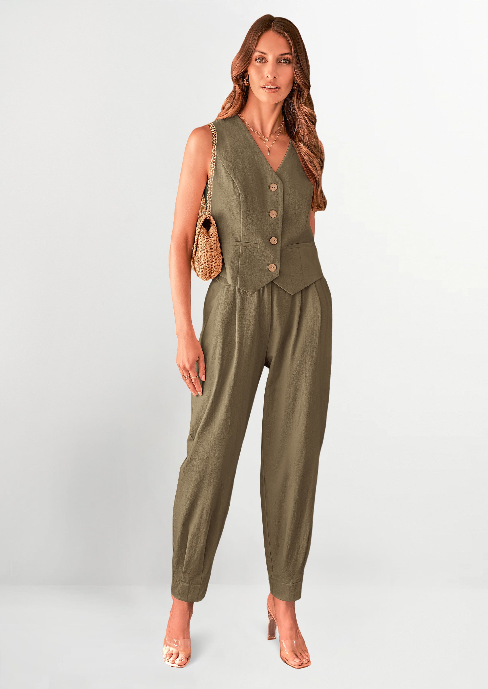 Chichi Two Piece V Neck Button Front Cropped Tank Tops Vest Pockets Pants Cotton Sets Army Green