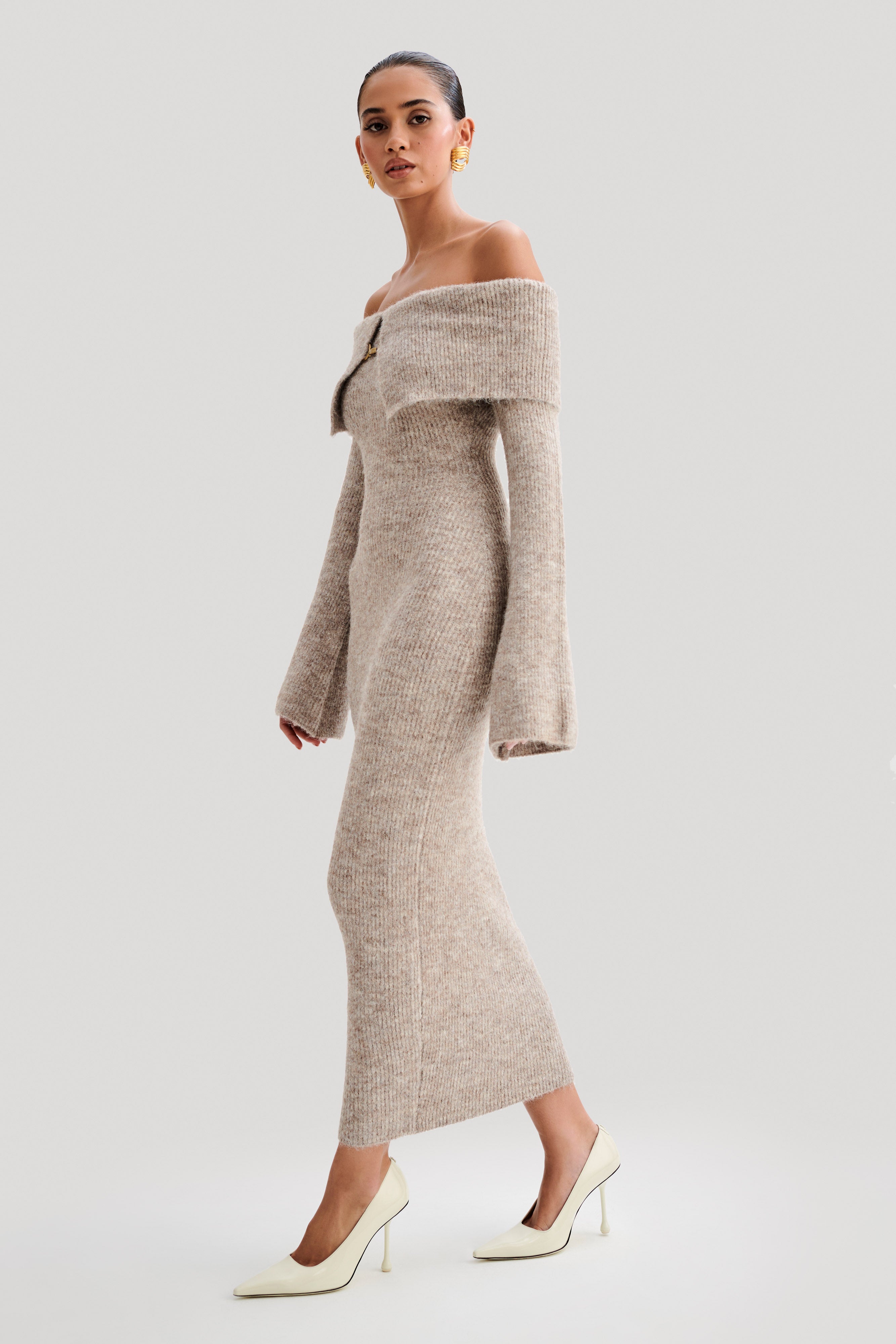 Althea | Ribbed Knit Midi Dress Beige