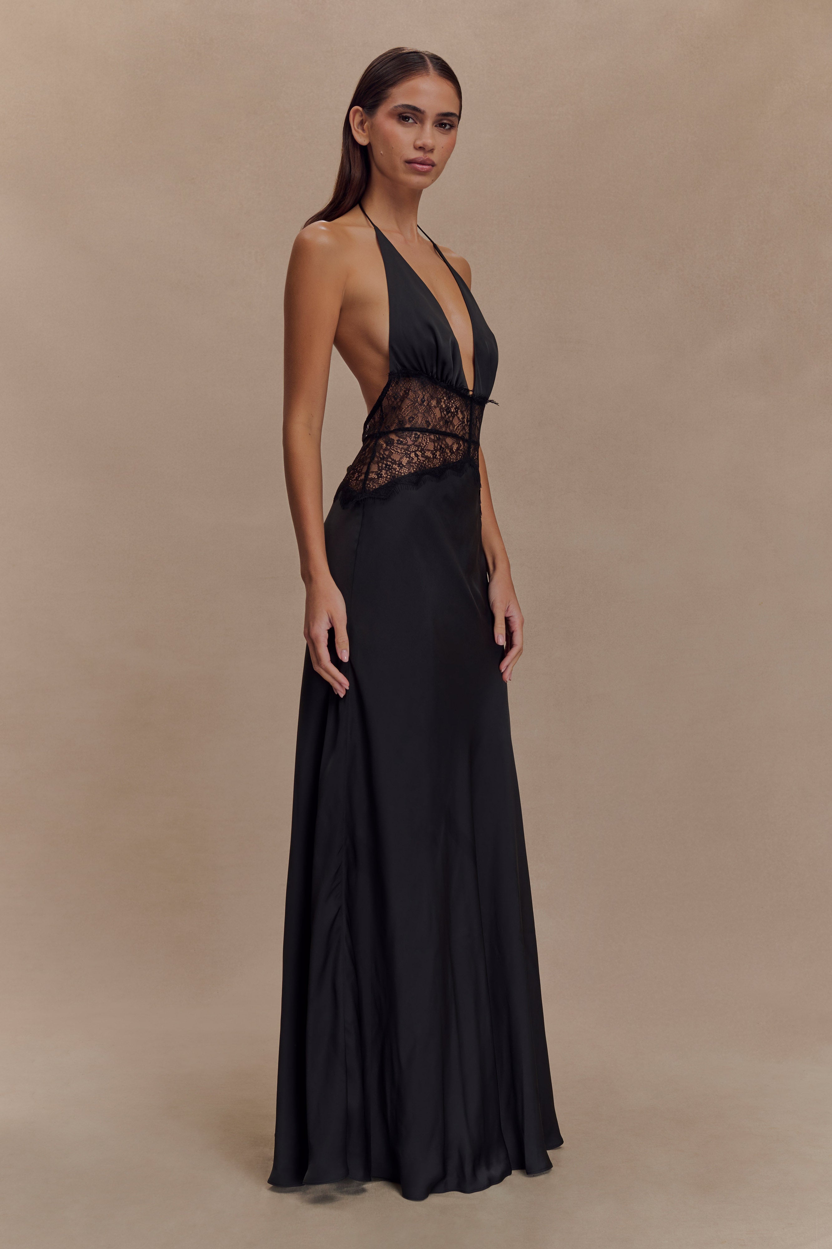 Noelle | Satin &amp; Lace Maxi Dress Black