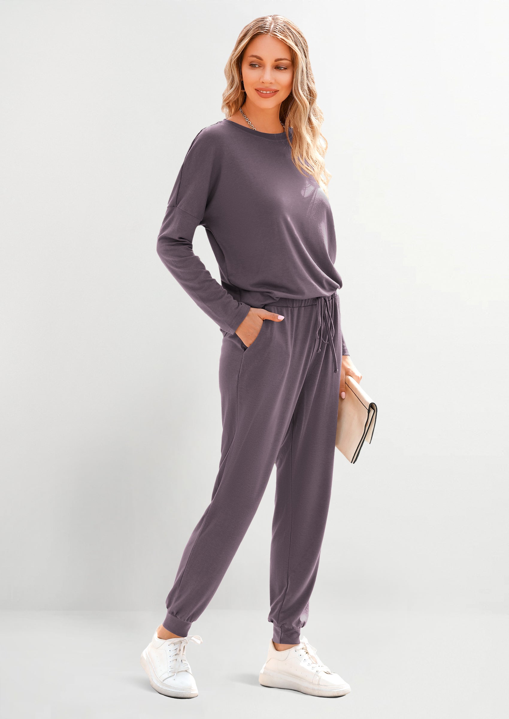 Chichi Lounge Outfit Long Sleeve Crewneck Pullover Tops High Waisted Pants Set Tracksuit Light Grey