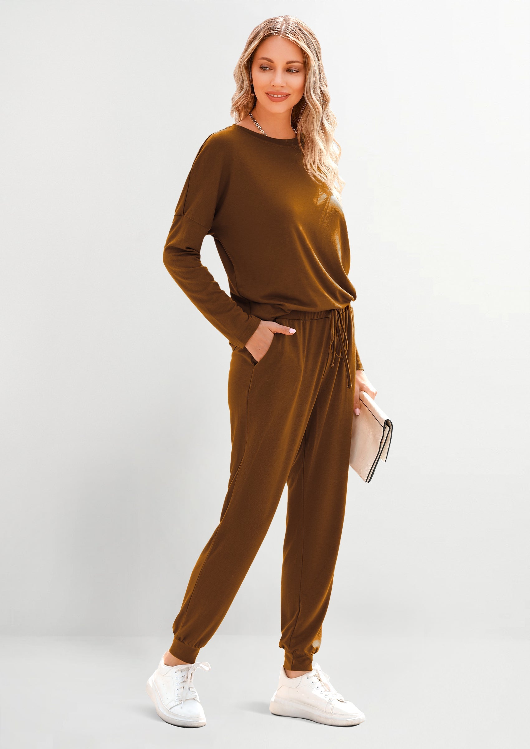 Chichi Lounge Outfit Long Sleeve Crewneck Pullover Tops High Waisted Pants Set Tracksuit Dark Khaki